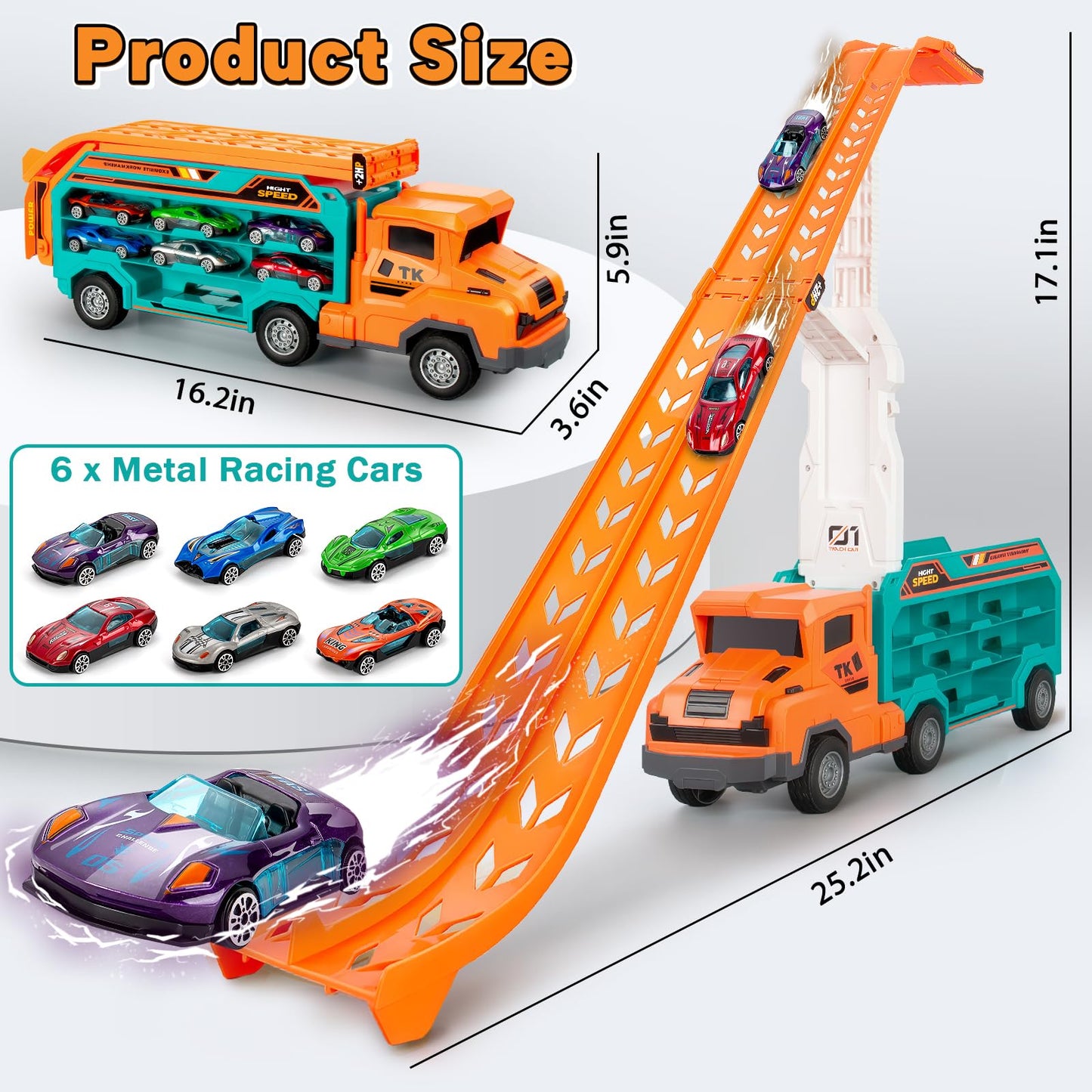 BainGesk Carrier Truck Toys – 2.8-Ft Race Track with 6 Die-Cast Cars for Ages 3–6