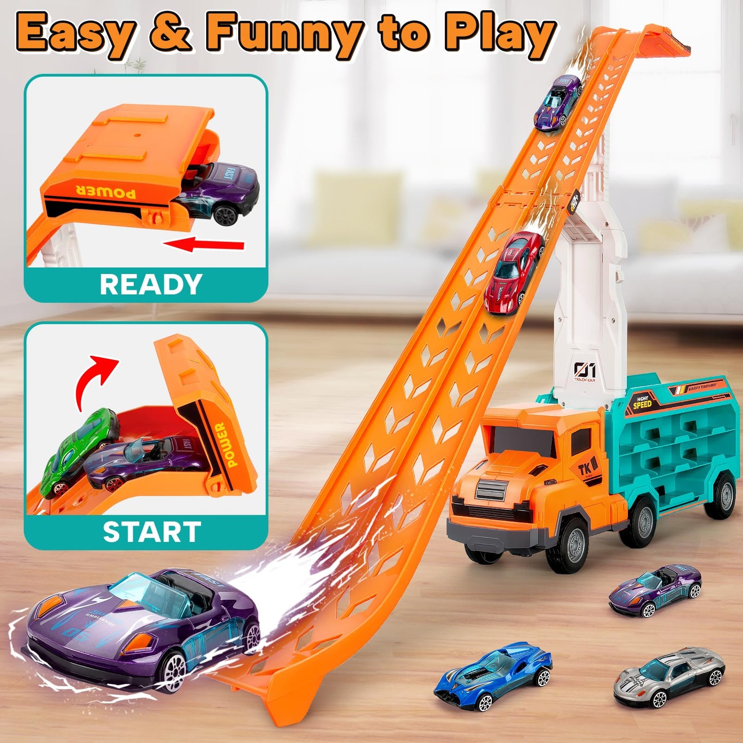 BainGesk Carrier Truck Toys – 2.8-Ft Race Track with 6 Die-Cast Cars for Ages 3–6