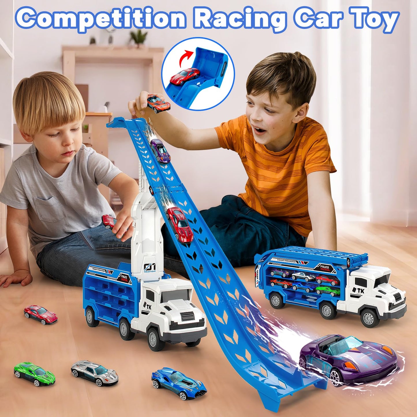 BainGesk Truck Race Track Toy Set – Foldable Carrier, 6 Metal Cars, 25-Inch Track | For Ages 3–8