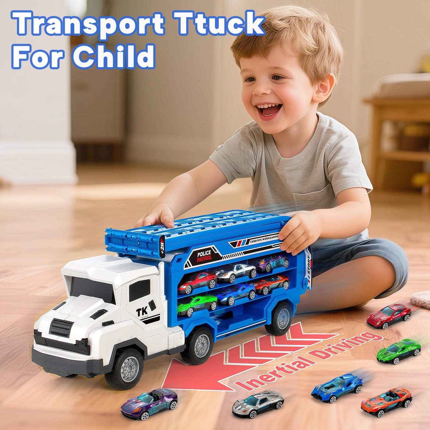 BainGesk Truck Race Track Toy Set – Foldable Carrier, 6 Metal Cars, 25-Inch Track | For Ages 3–8