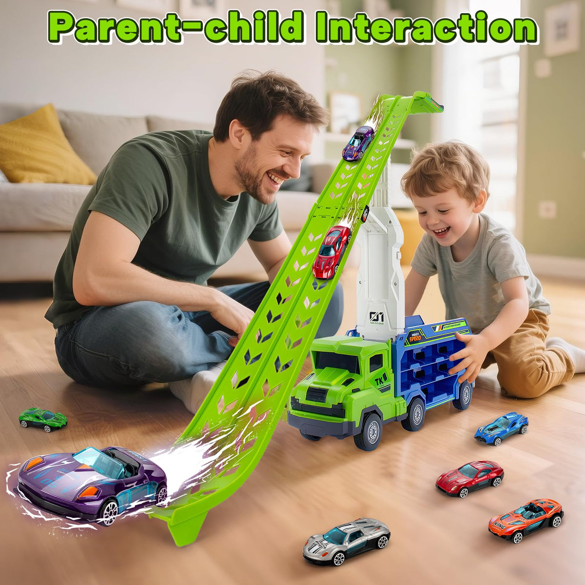 BainGesk Carrier Race Truck Set – Foldable 2-Layer Track, 27-Inch Raceway & 6 Metal Cars for Ages 3–6