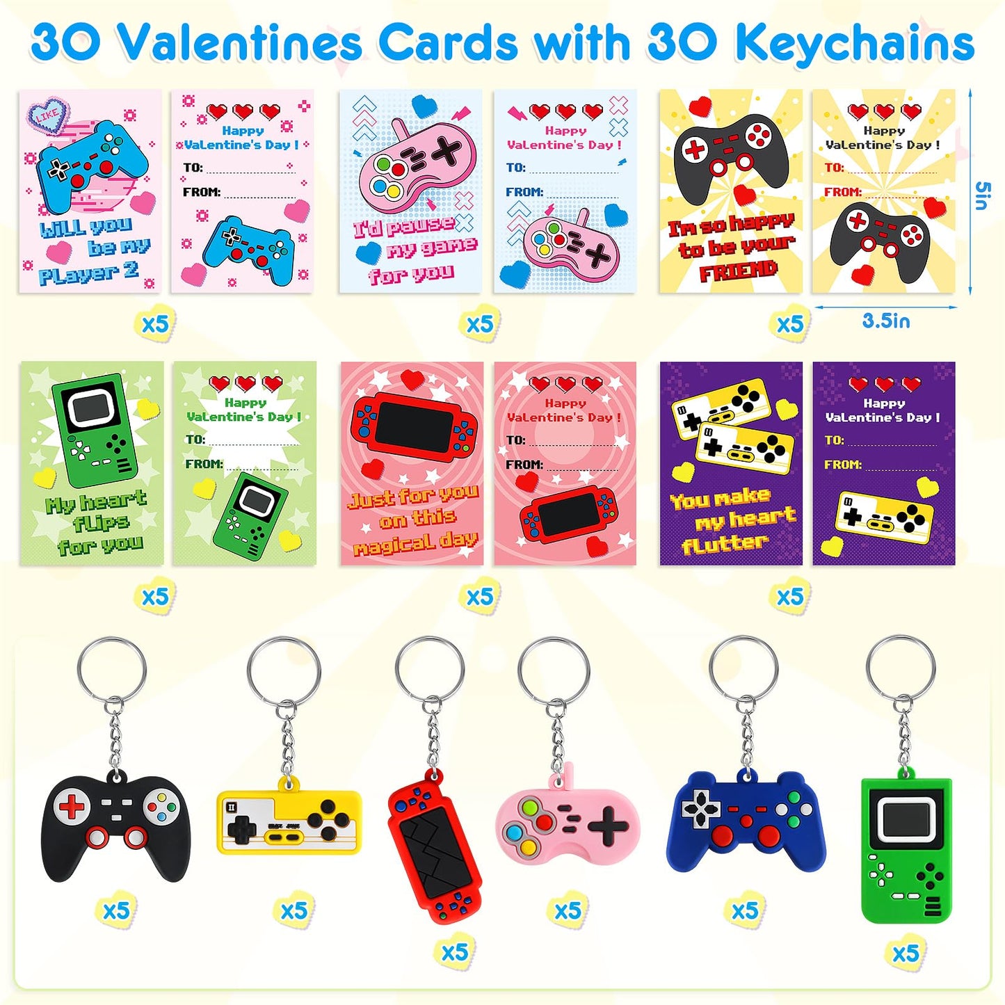 BainGesk Valentines Day Cards for Kids – 30 Pack with Game Console Keychains for Classroom Exchanges