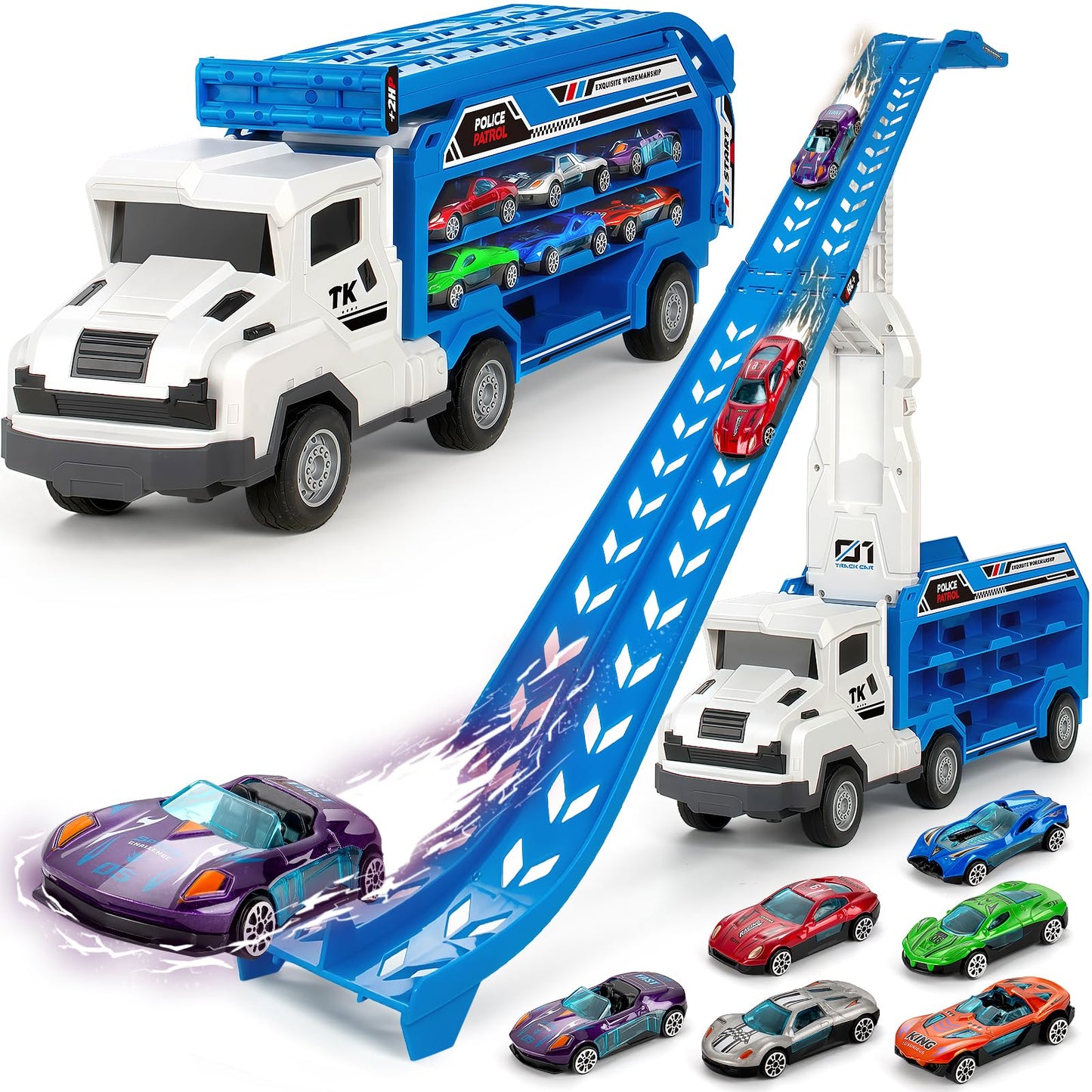 BainGesk Truck Race Track Toy Set – Foldable Carrier, 6 Metal Cars, 25-Inch Track | For Ages 3–8
