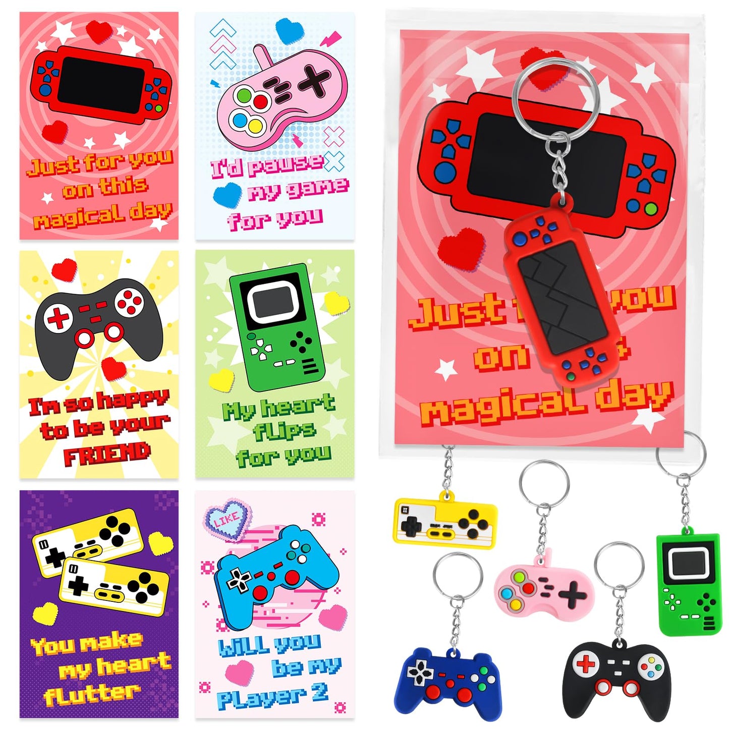 BainGesk Valentines Day Cards for Kids – 30 Pack with Game Console Keychains for Classroom Exchanges