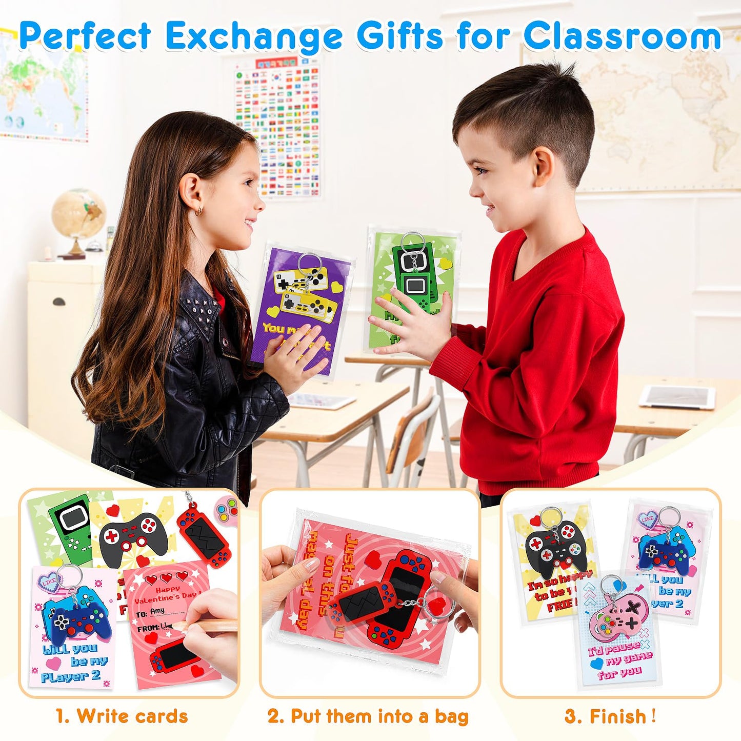 BainGesk Valentines Day Cards for Kids – 30 Pack with Game Console Keychains for Classroom Exchanges