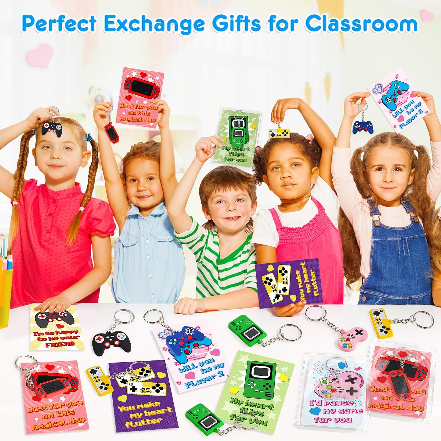 BainGesk Valentines Day Cards for Kids – 30 Pack with Game Console Keychains for Classroom Exchanges