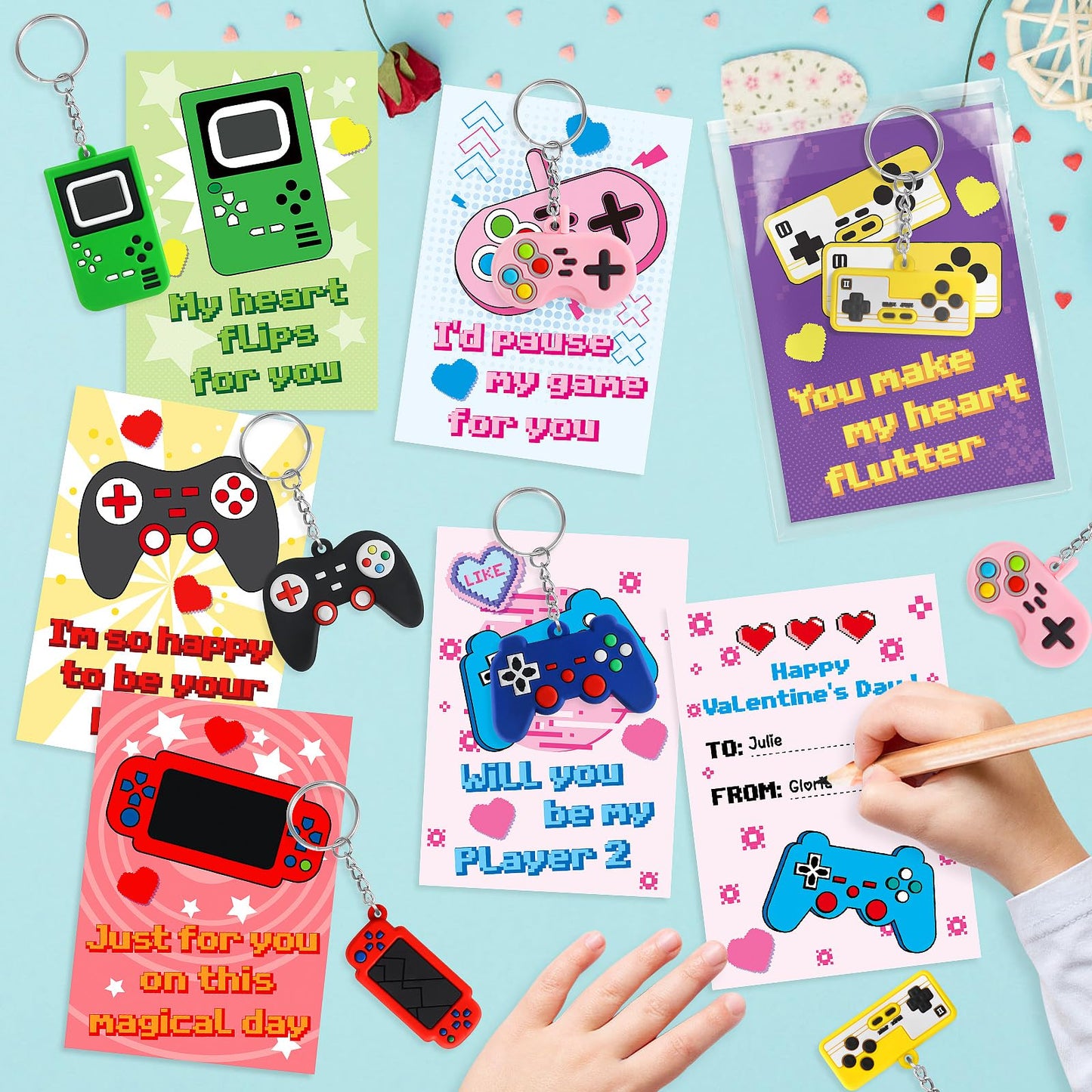 BainGesk Valentines Day Cards for Kids – 30 Pack with Game Console Keychains for Classroom Exchanges