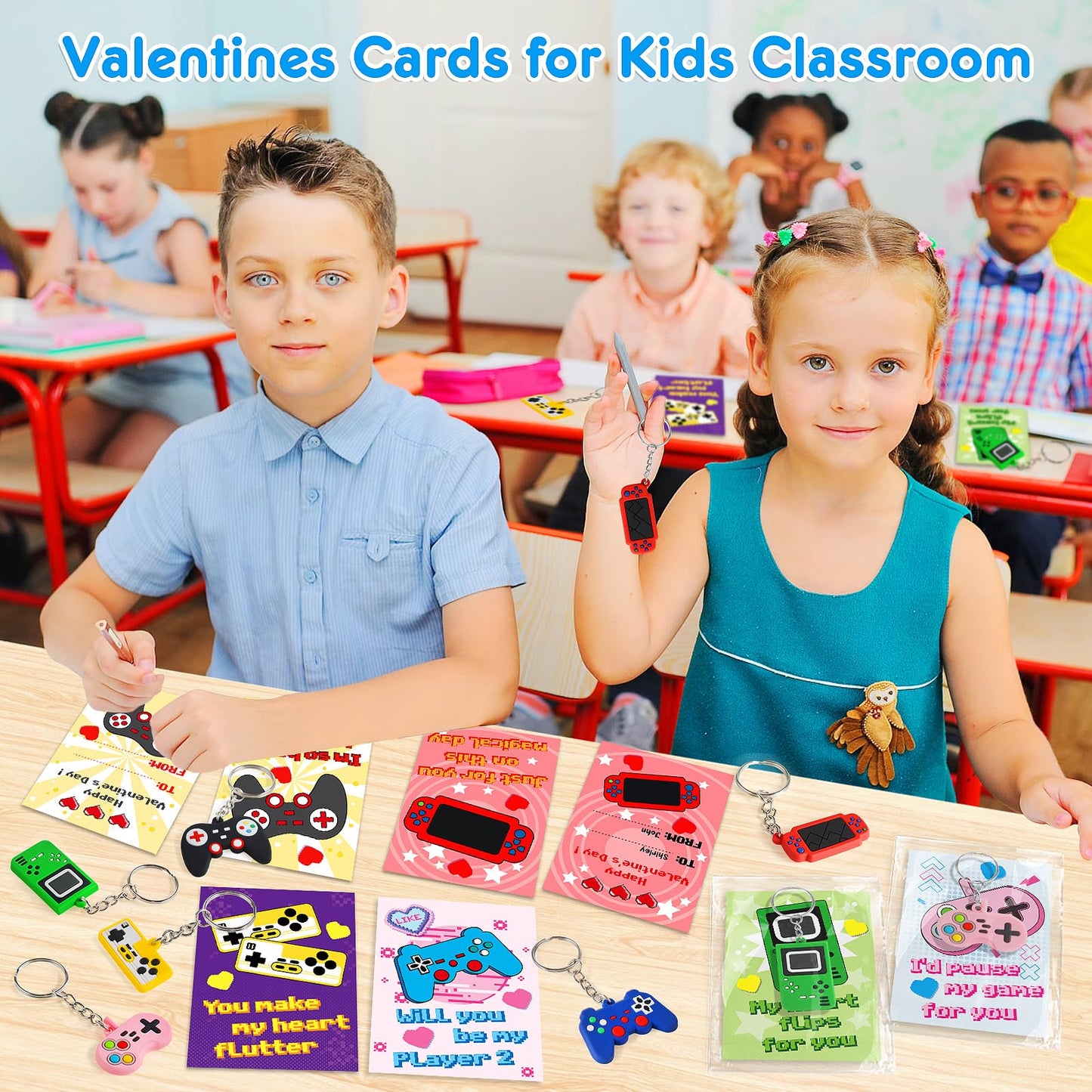 BainGesk Valentines Day Cards for Kids – 30 Pack with Game Console Keychains for Classroom Exchanges