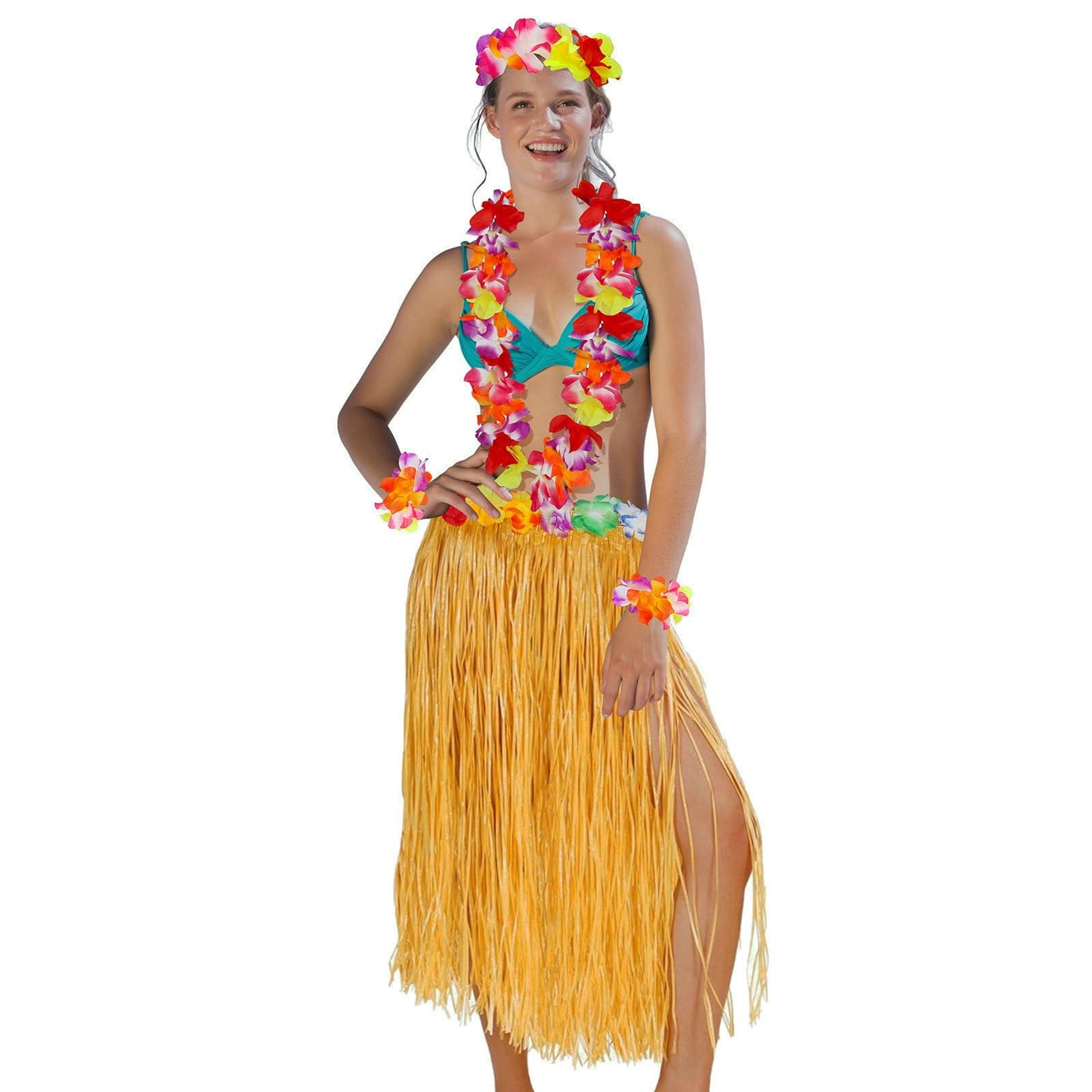 BAJOTAL Hawaiian Luau Grass Skirt Set (32in) Straw – Flowers, Headband, Necklace, Bracelets