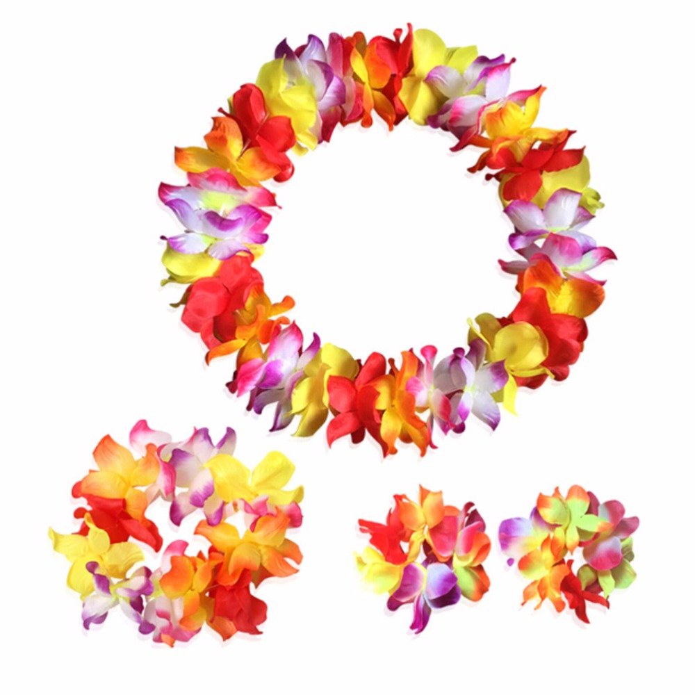 BAJOTAL Hawaiian Luau Grass Skirt Set (32in) Straw – Flowers, Headband, Necklace, Bracelets