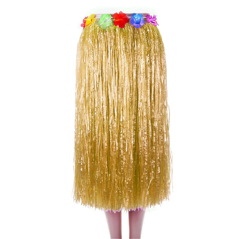 BAJOTAL Hawaiian Luau Grass Skirt Set (32in) Straw – Flowers, Headband, Necklace, Bracelets