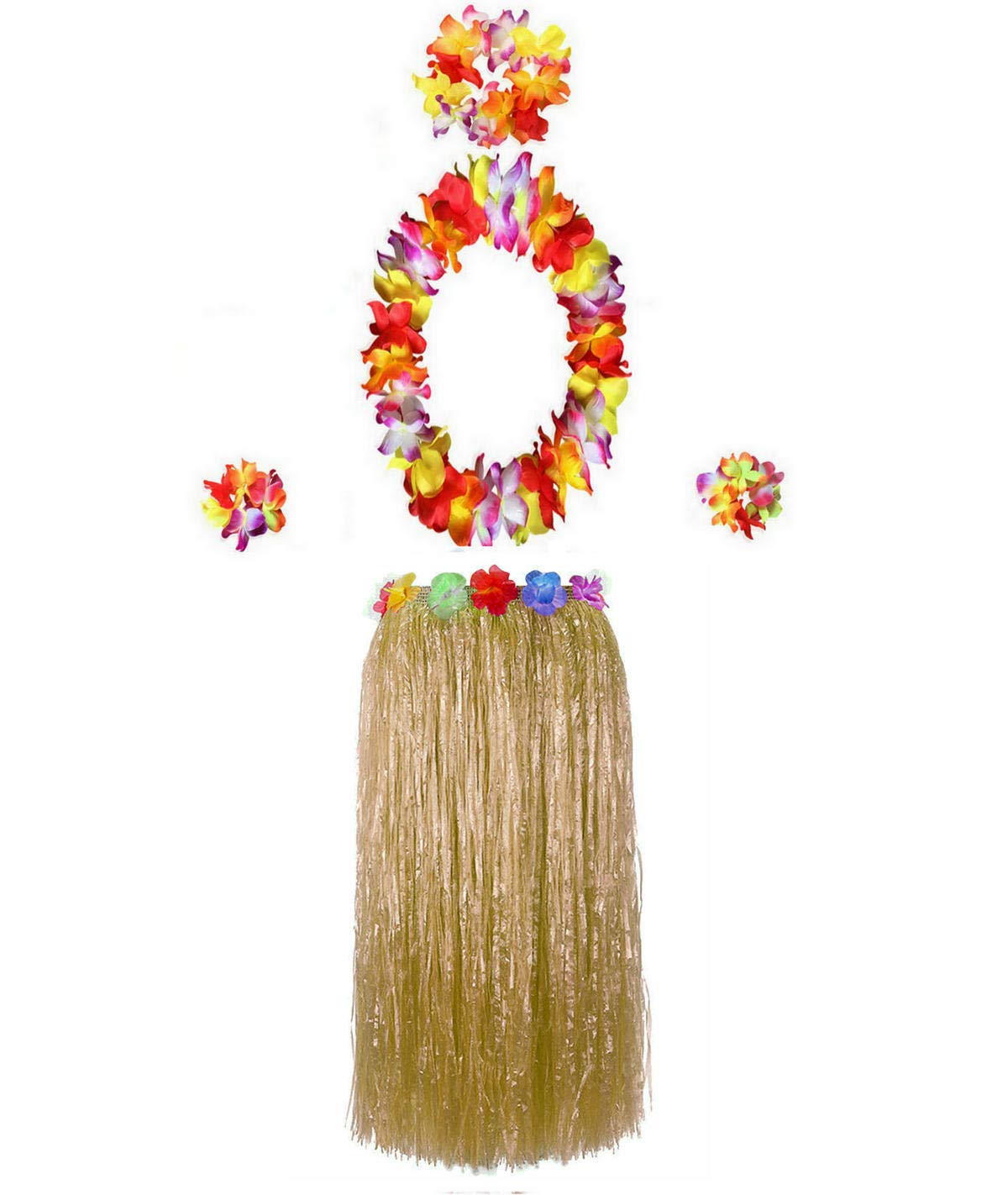 BAJOTAL Hawaiian Luau Grass Skirt Set (32in) Straw – Flowers, Headband, Necklace, Bracelets
