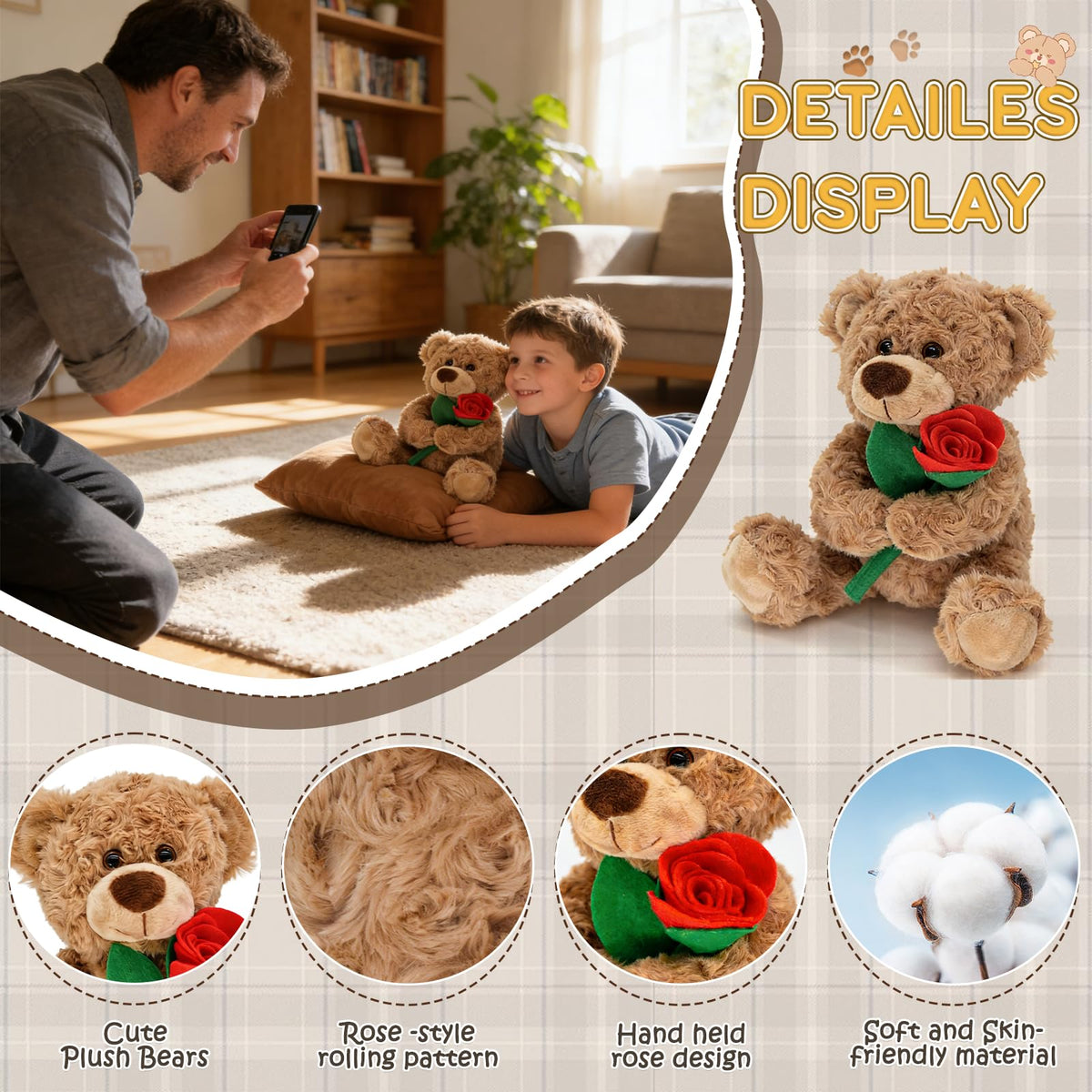 Bakalizoo 12'' Rose Teddy Bear – Soft Plush Gift for Her, Girlfriend, Mom | Cozy Home Decor