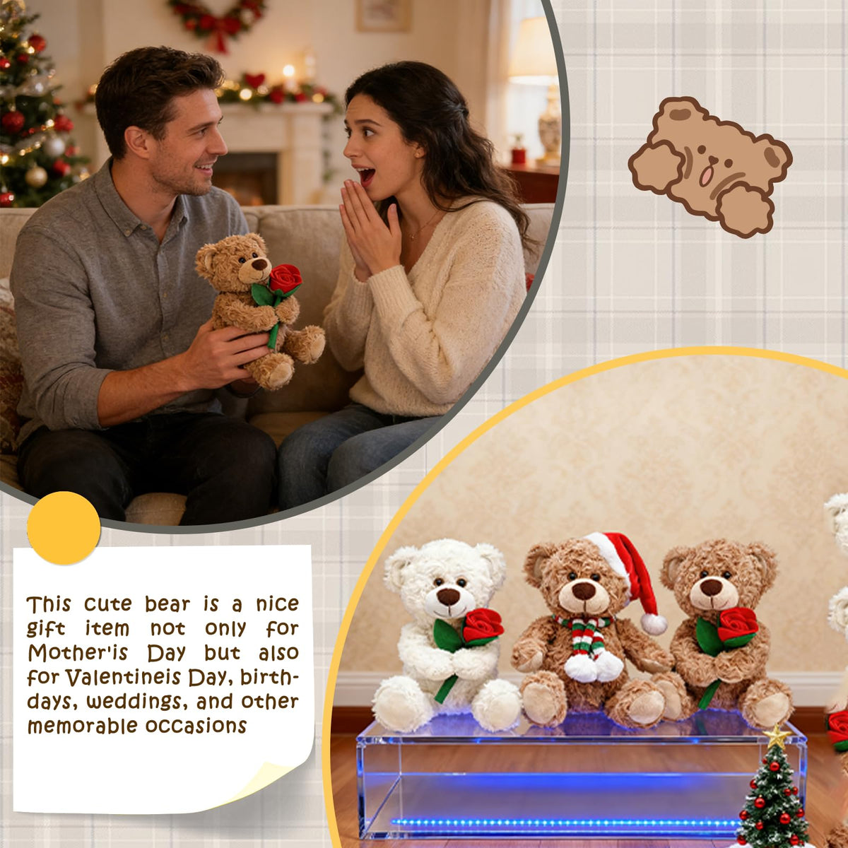 Bakalizoo 12'' Rose Teddy Bear – Soft Plush Gift for Her, Girlfriend, Mom | Cozy Home Decor