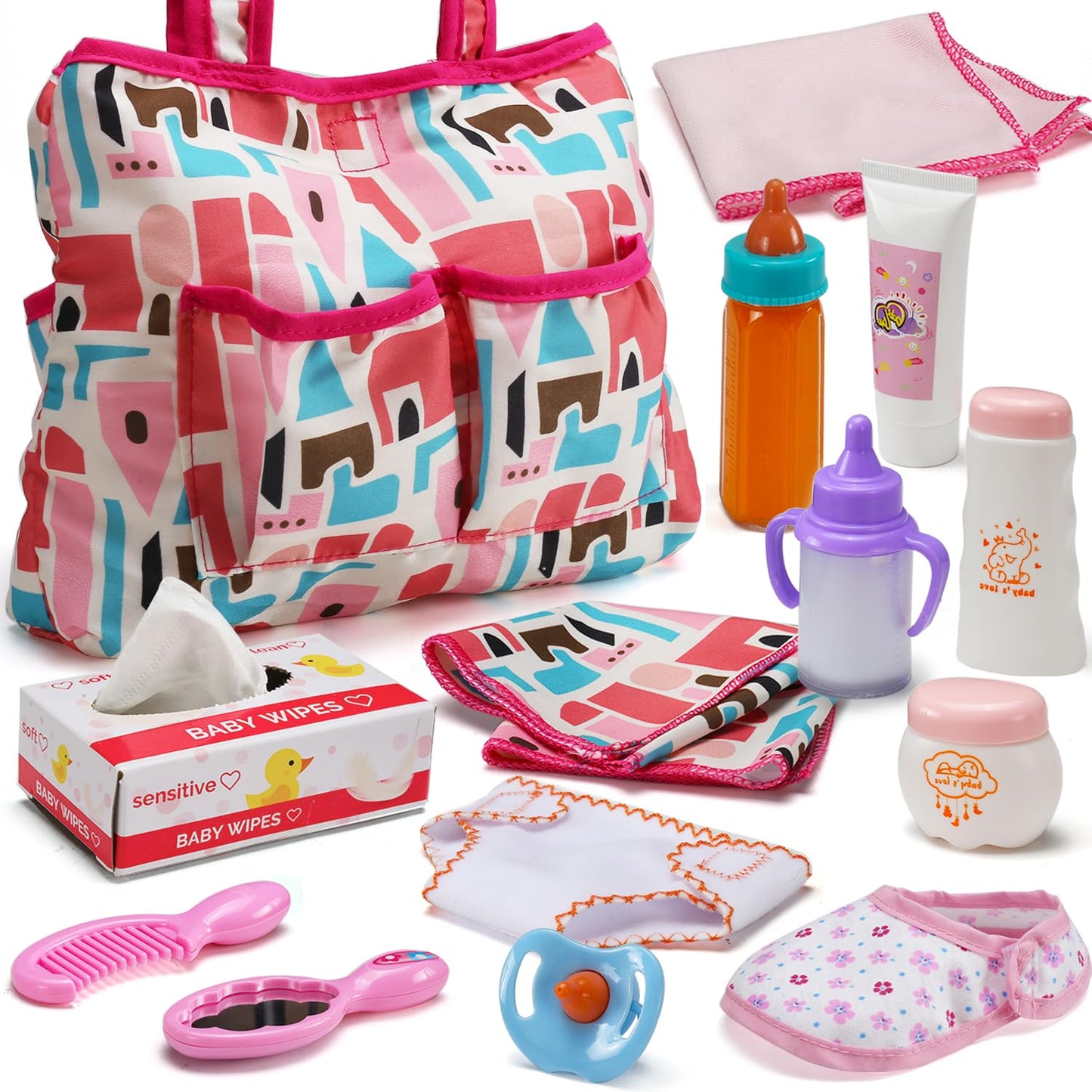 Bakatatoyz 14 Pack Baby Doll Accessories – Feeding & Care Set with Diaper Bag, Magic Bottle, Changing Mat