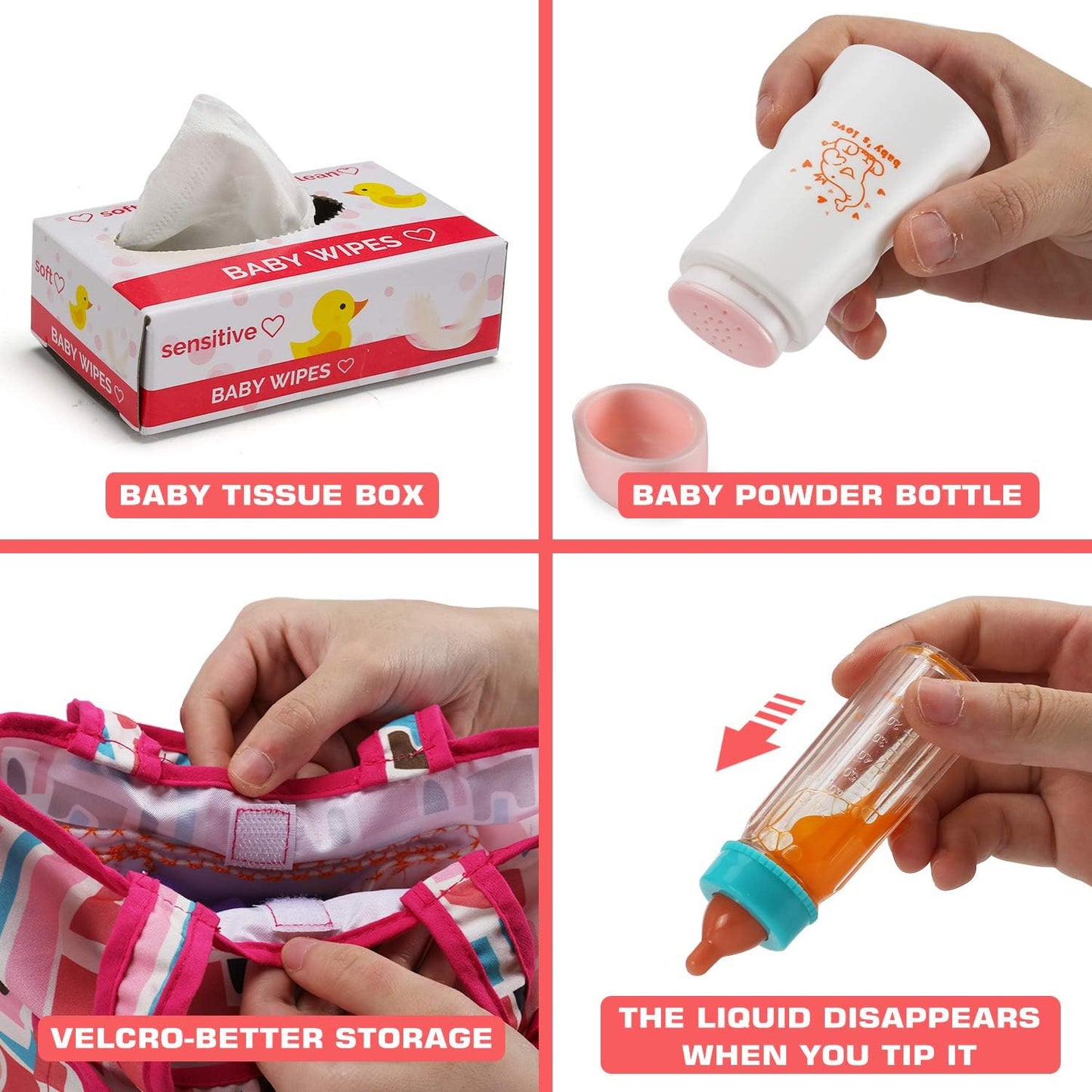 Bakatatoyz 14 Pack Baby Doll Accessories – Feeding & Care Set with Diaper Bag, Magic Bottle, Changing Mat