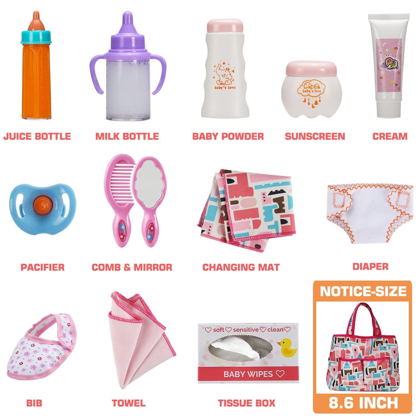 Bakatatoyz 14 Pack Baby Doll Accessories – Feeding & Care Set with Diaper Bag, Magic Bottle, Changing Mat