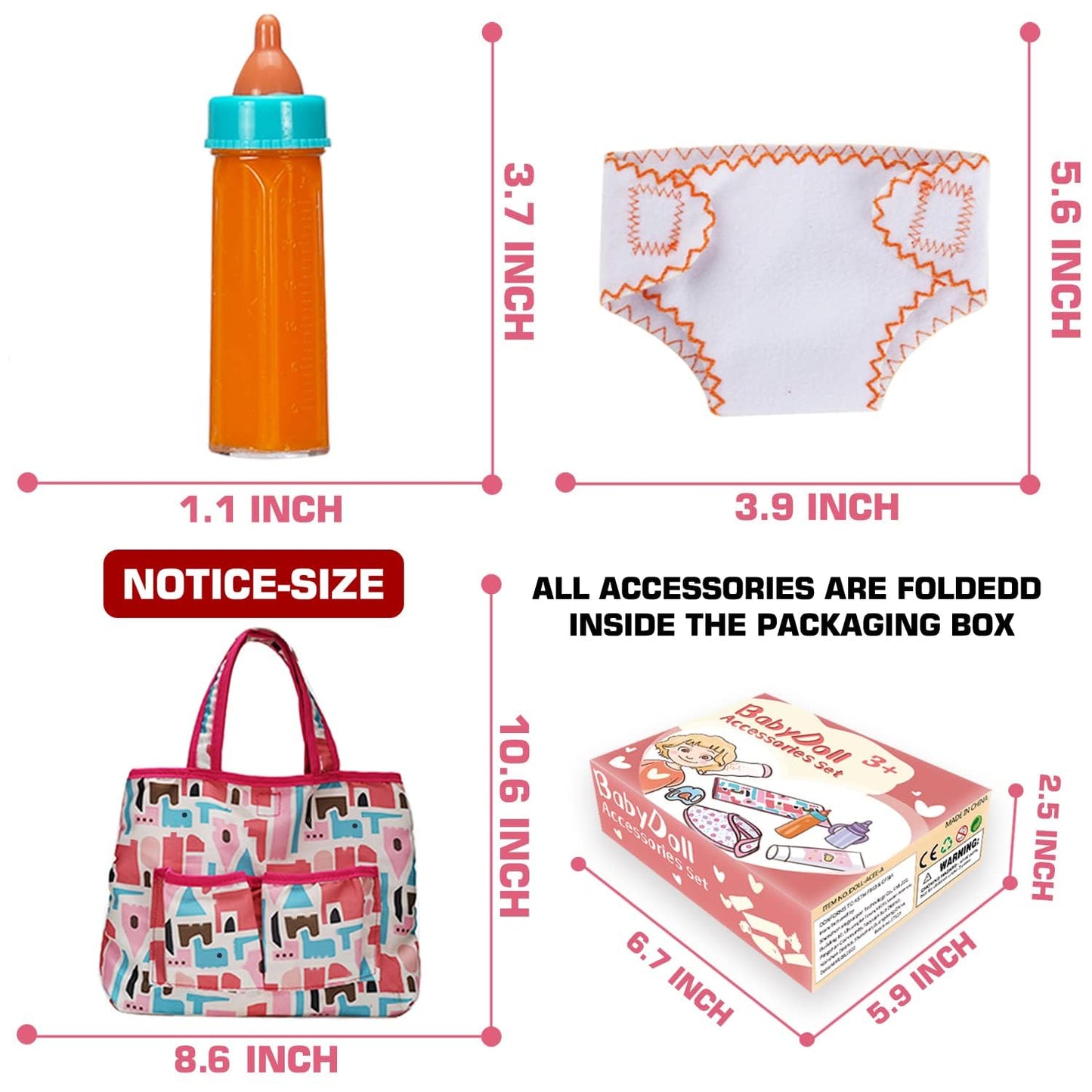 Bakatatoyz 14 Pack Baby Doll Accessories – Feeding & Care Set with Diaper Bag, Magic Bottle, Changing Mat