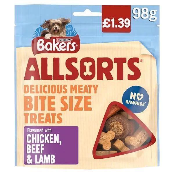 Bakers Allsorts Delicious Meaty Bite Size Treats Flavoured with Chicken, Beef & Lamb 98g (Case of 6)