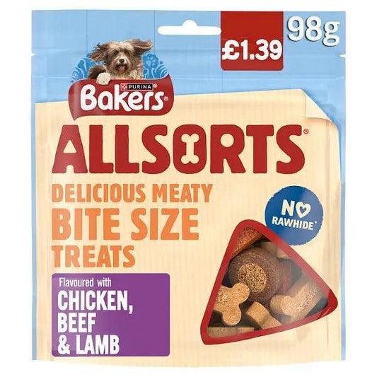 Bakers Allsorts Delicious Meaty Bite Size Treats Flavoured with Chicken, Beef & Lamb 98g (Case of 6)