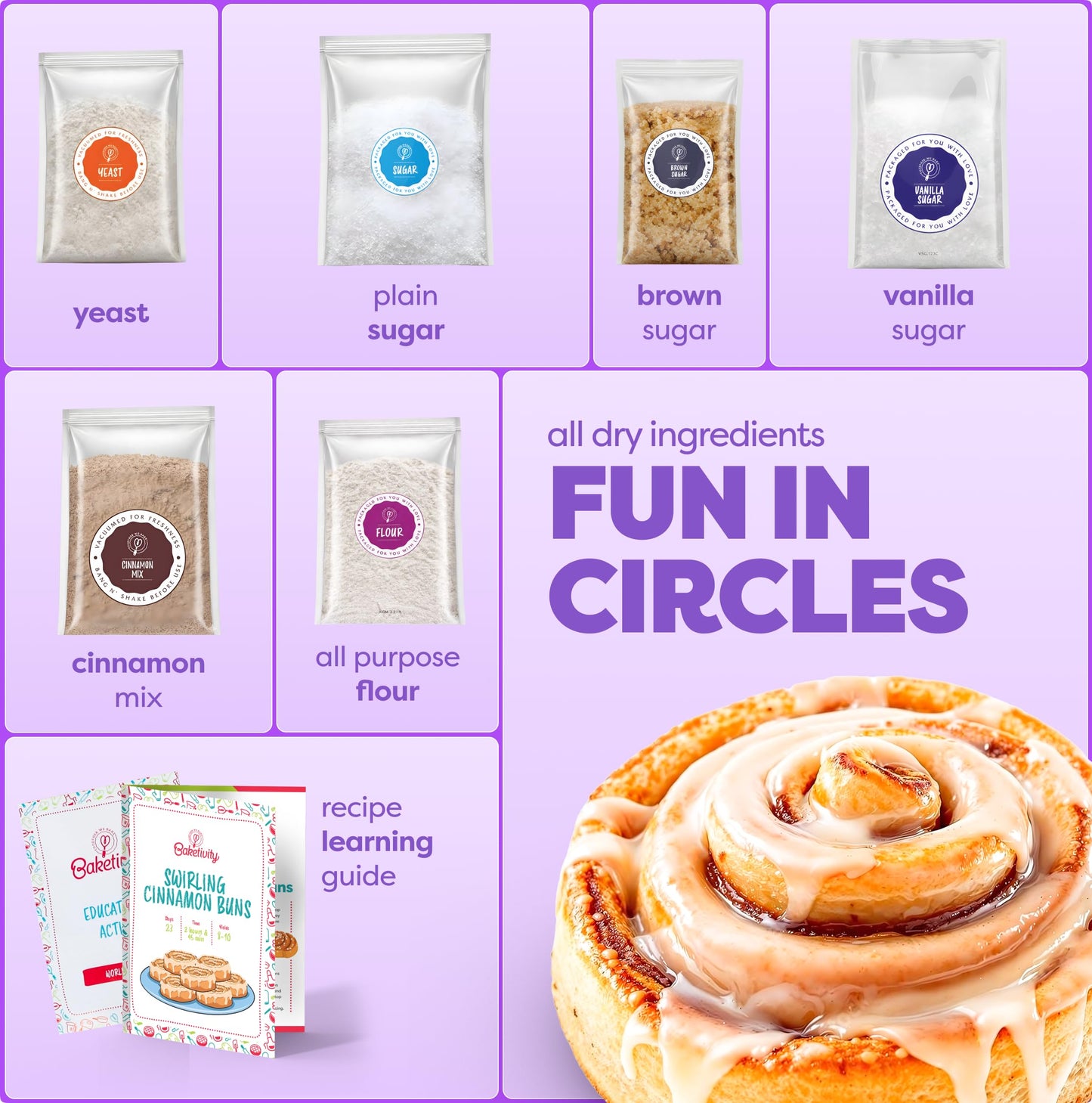 Baketivity Kids Baking DIY Kit – Pre-Measured Cinnamon Buns for Ages 6-12 | Mess-Free Family Baking