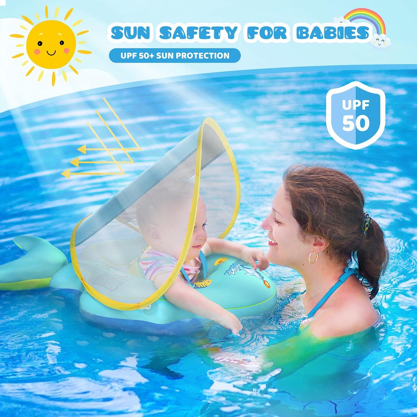 Balhvit No-Flip Baby Pool Float with Canopy – UPF50+ Sun Protection, 3-36 Months