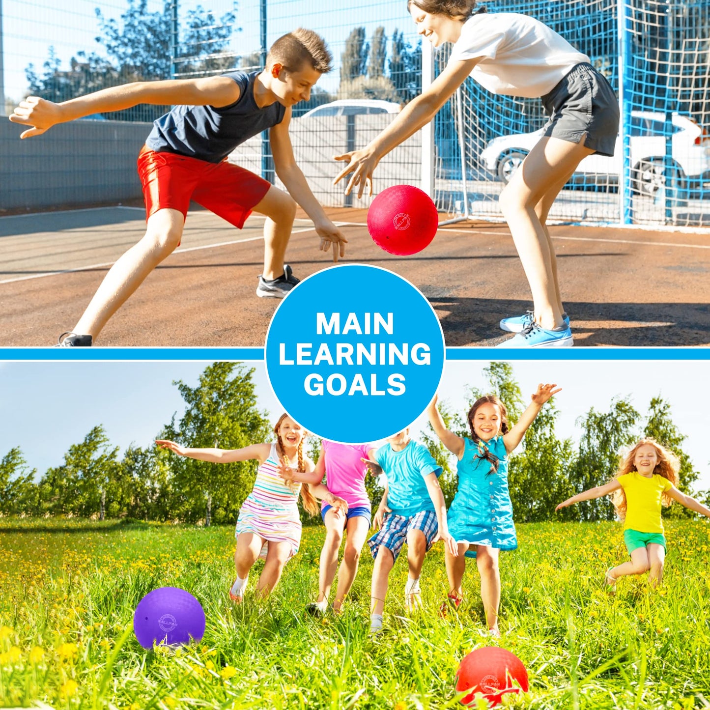 BallFUN Dodgeballs 8.5-Inch Playground Balls 6-Pack with Pump & Mesh Bag