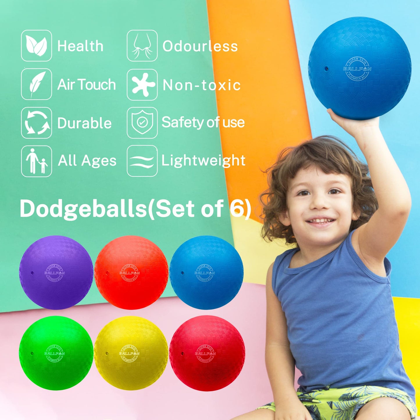 BallFUN Dodgeballs 8.5-Inch Playground Balls 6-Pack with Pump & Mesh Bag