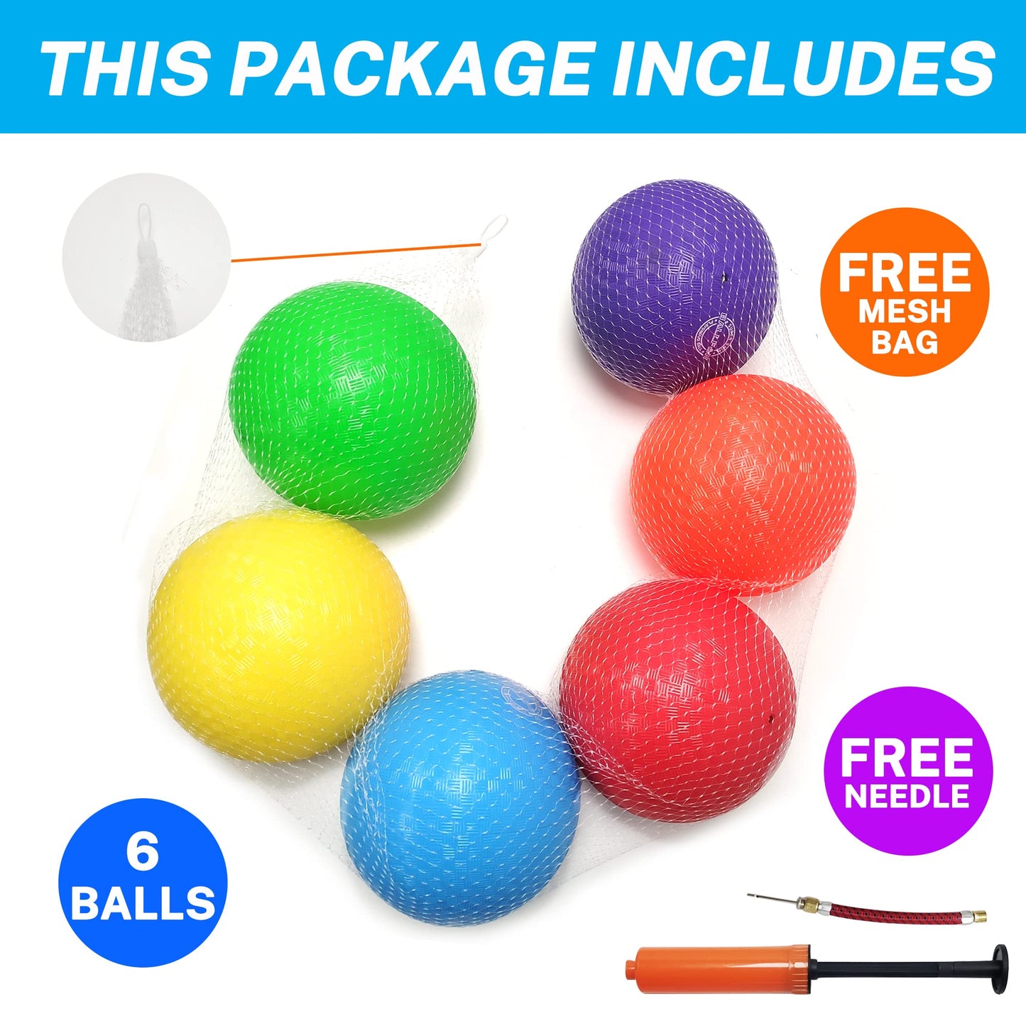 BallFUN Dodgeballs 8.5-Inch Playground Balls 6-Pack with Pump & Mesh Bag