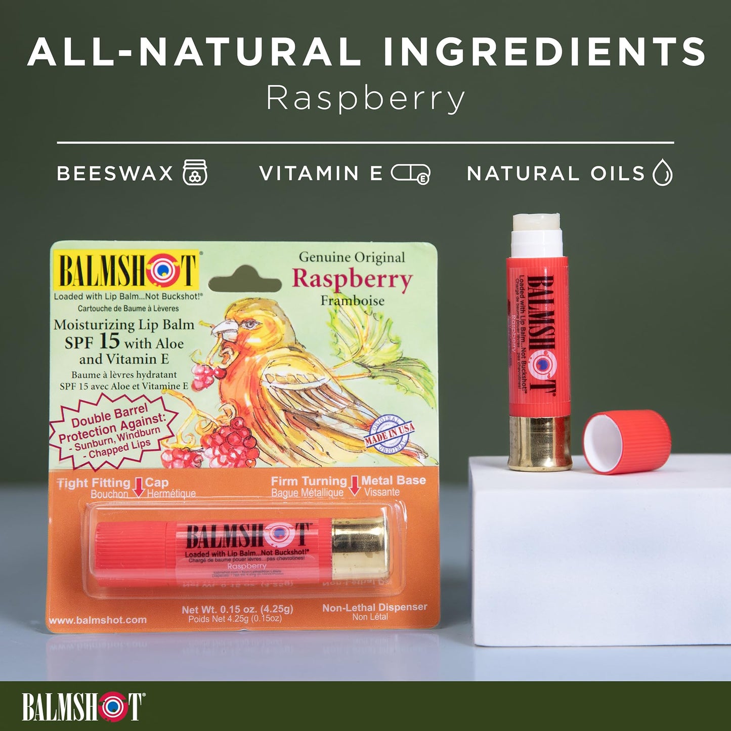 BALMSHOT Lip Balm 4 Pack (Raspberry) – Hydration, SPF 15, USA-Made