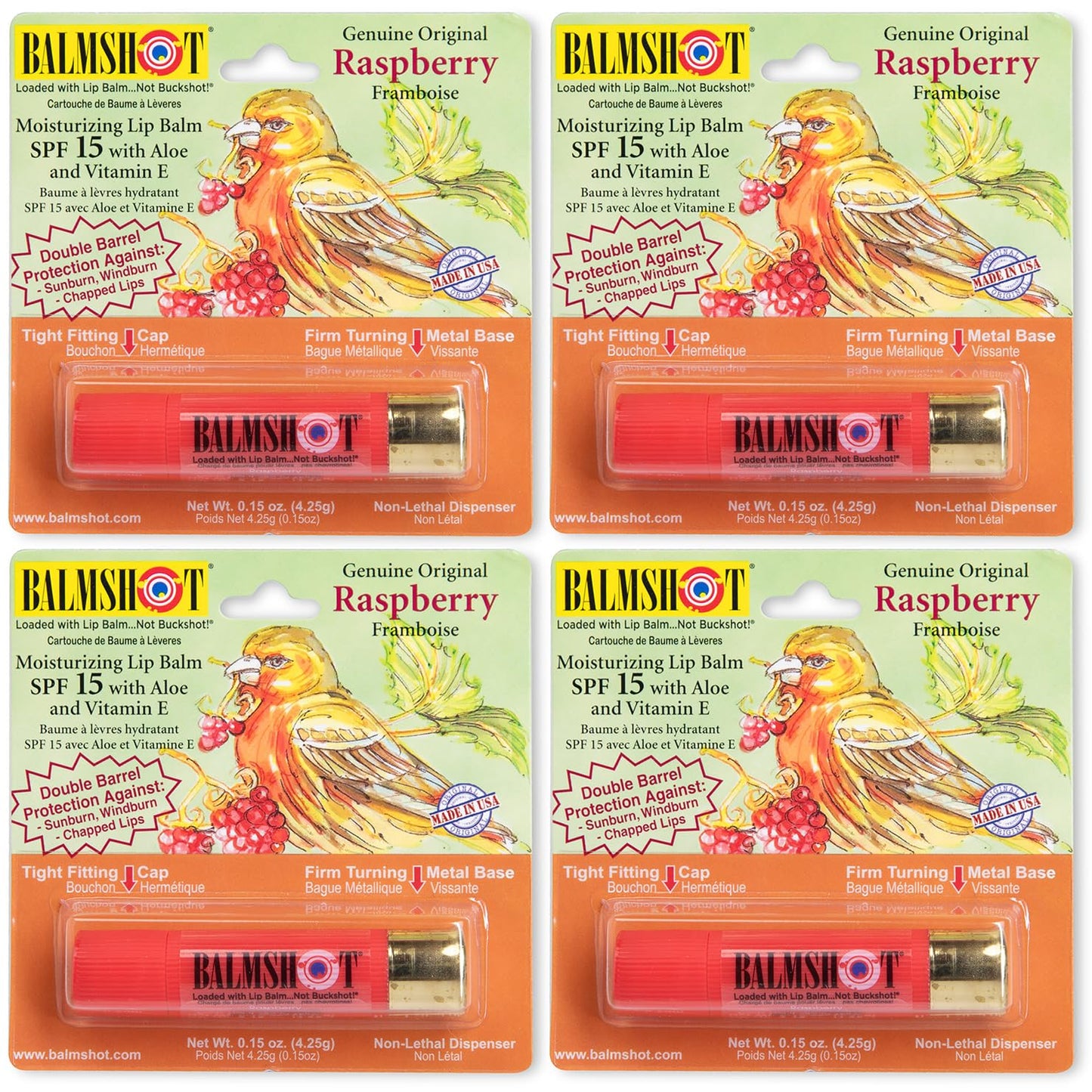 BALMSHOT Lip Balm 4 Pack (Raspberry) – Hydration, SPF 15, USA-Made