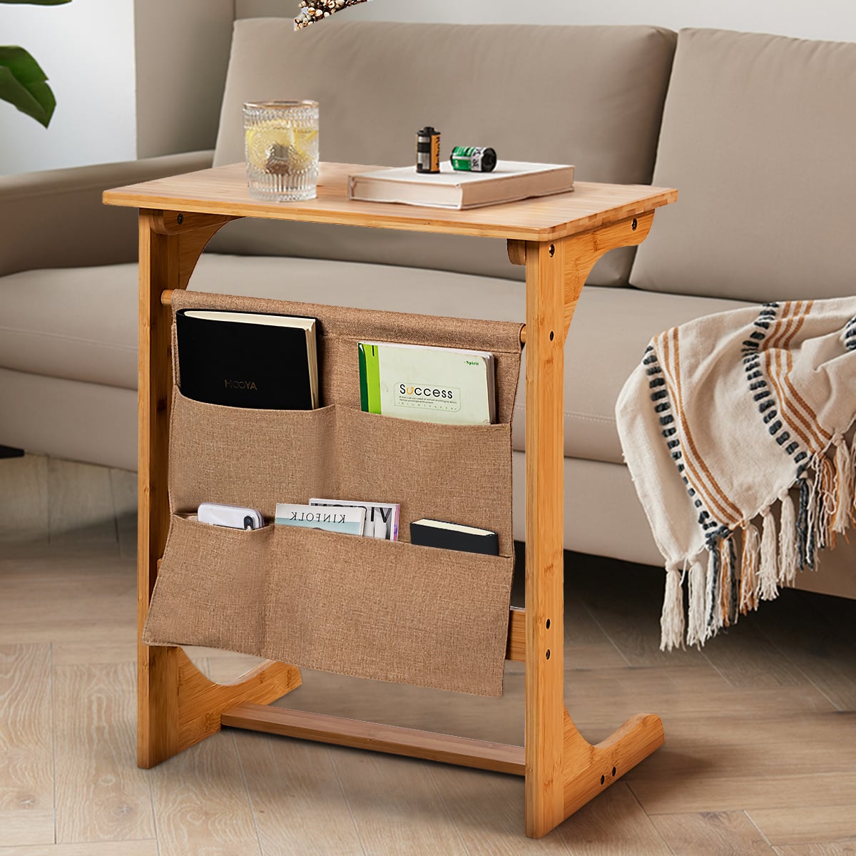 Bamboo Side Table C-Shaped Sofa End Table Laptop Desk-Natural