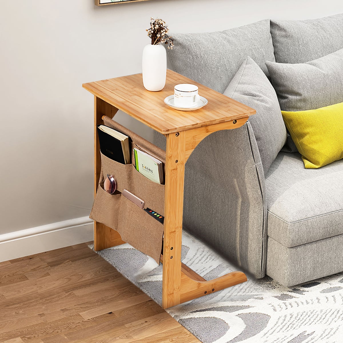 Bamboo Side Table C-Shaped Sofa End Table Laptop Desk-Natural