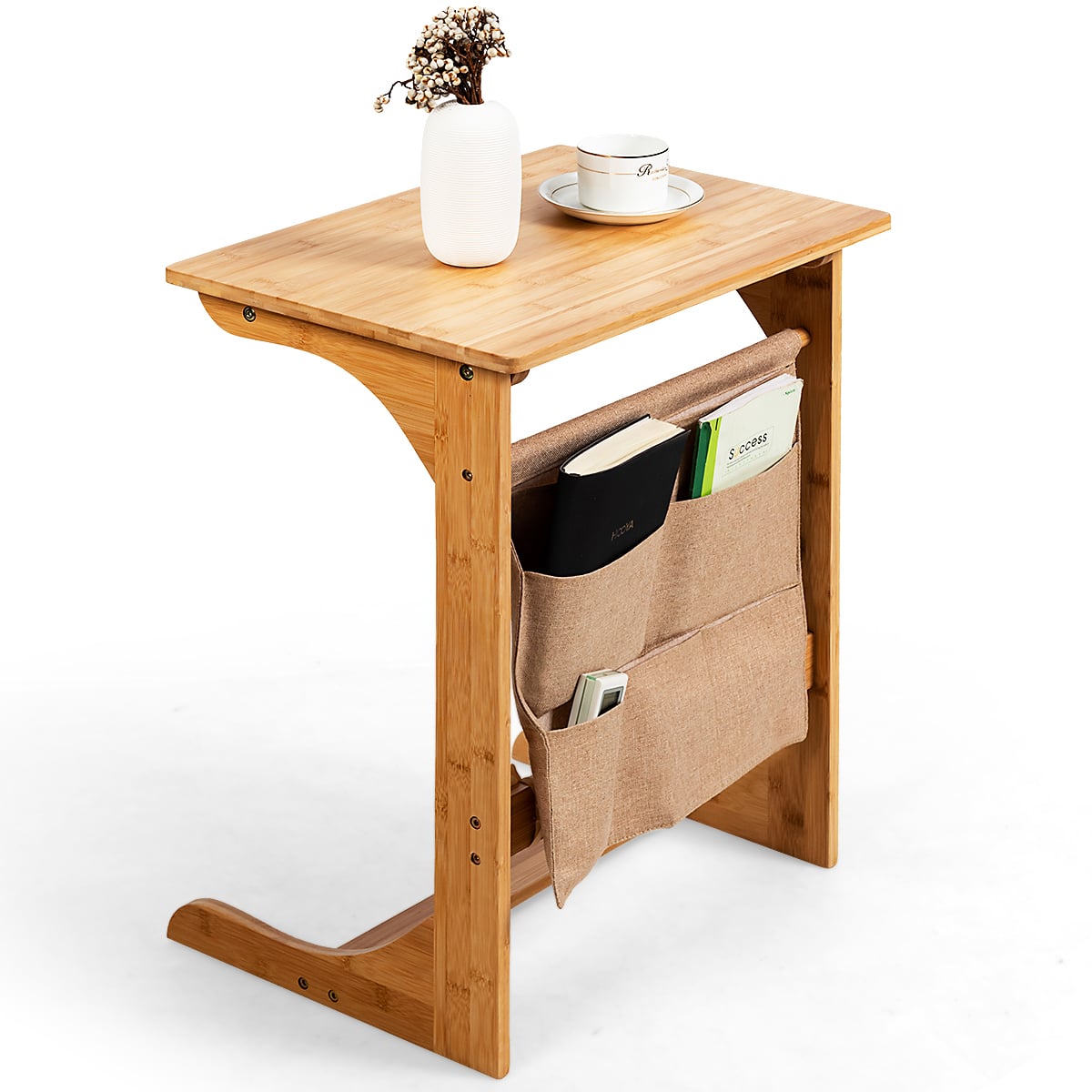 Bamboo Side Table C-Shaped Sofa End Table Laptop Desk-Natural