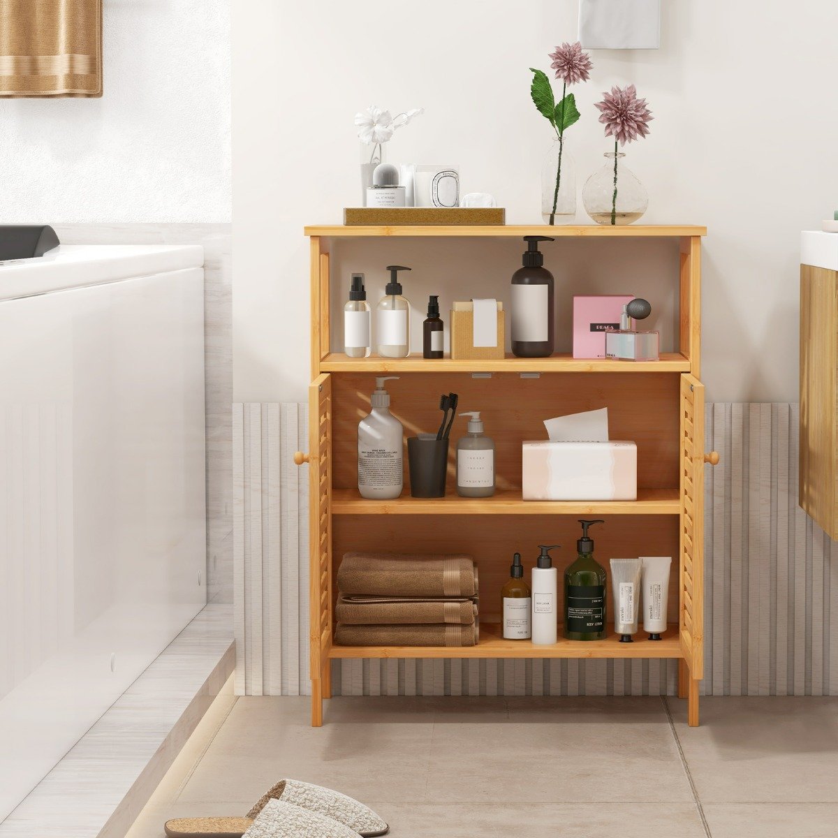 Bamboo Storage Cabinet with Double Louvered Doors-Natural