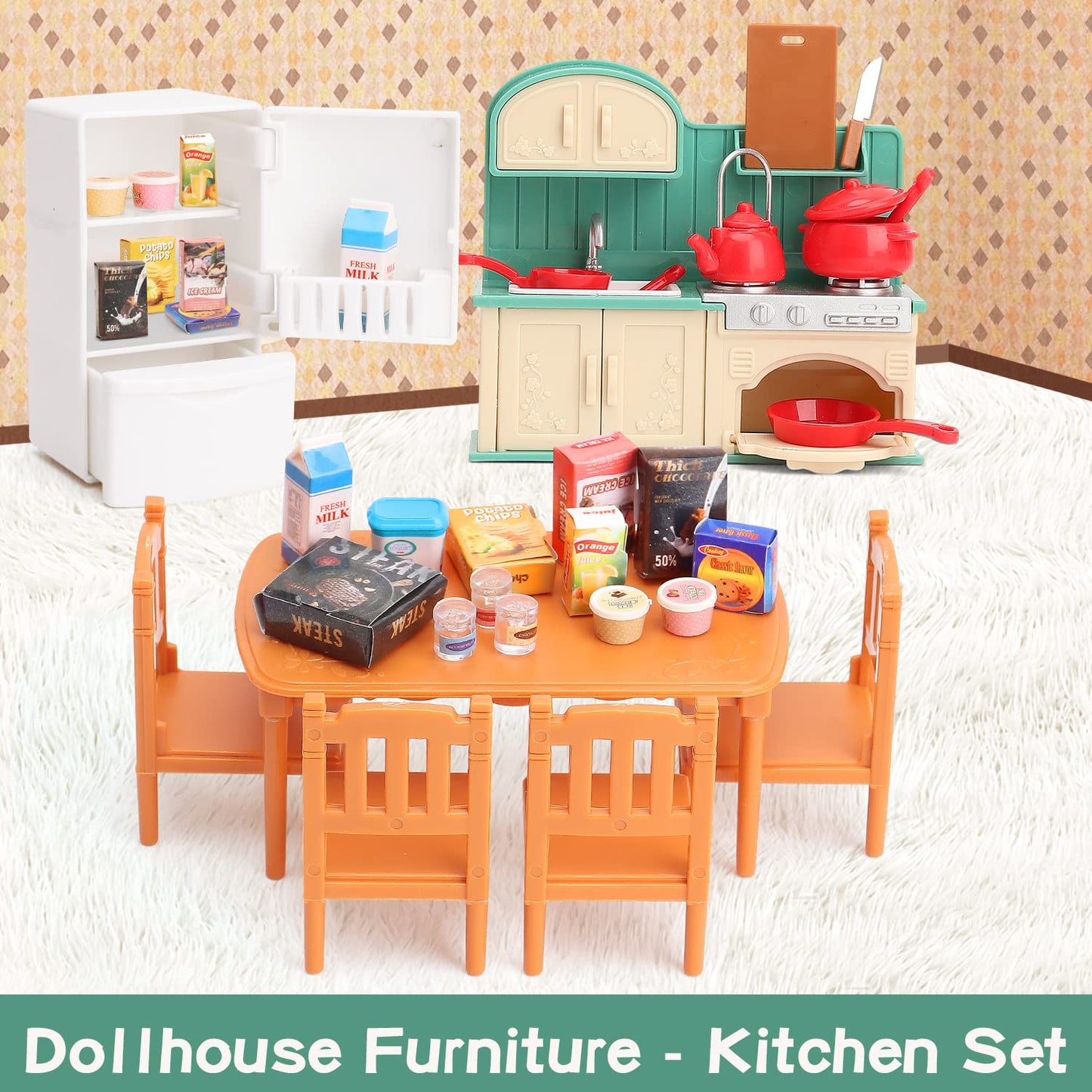 BananMelonBM Dollhouse Furniture Set with Kitchen – Miniature Pretend Play for Kids 3+