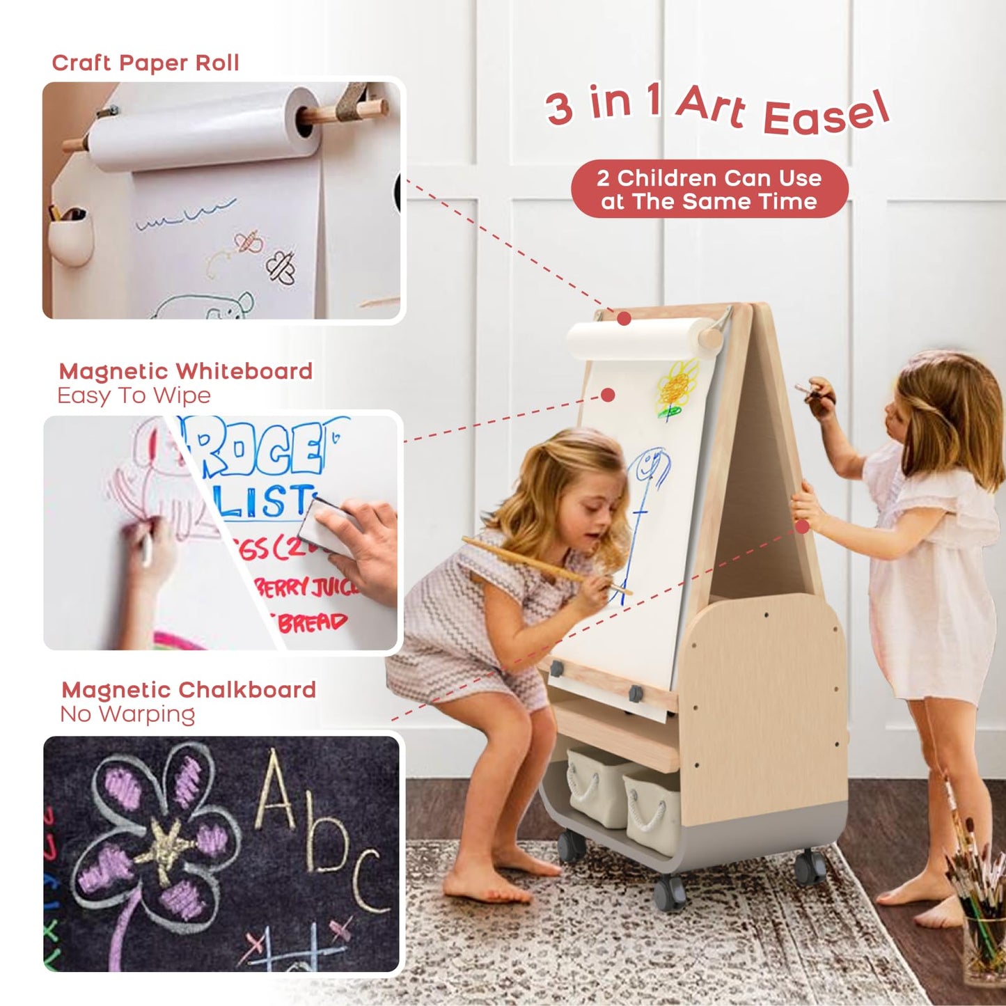 BanaSuper 3-in-1 Kids Art Easel with Wheels – Height Adjustable, Magnetic Chalkboard & Whiteboard, 25x21 Extra-Large Drawing Surface