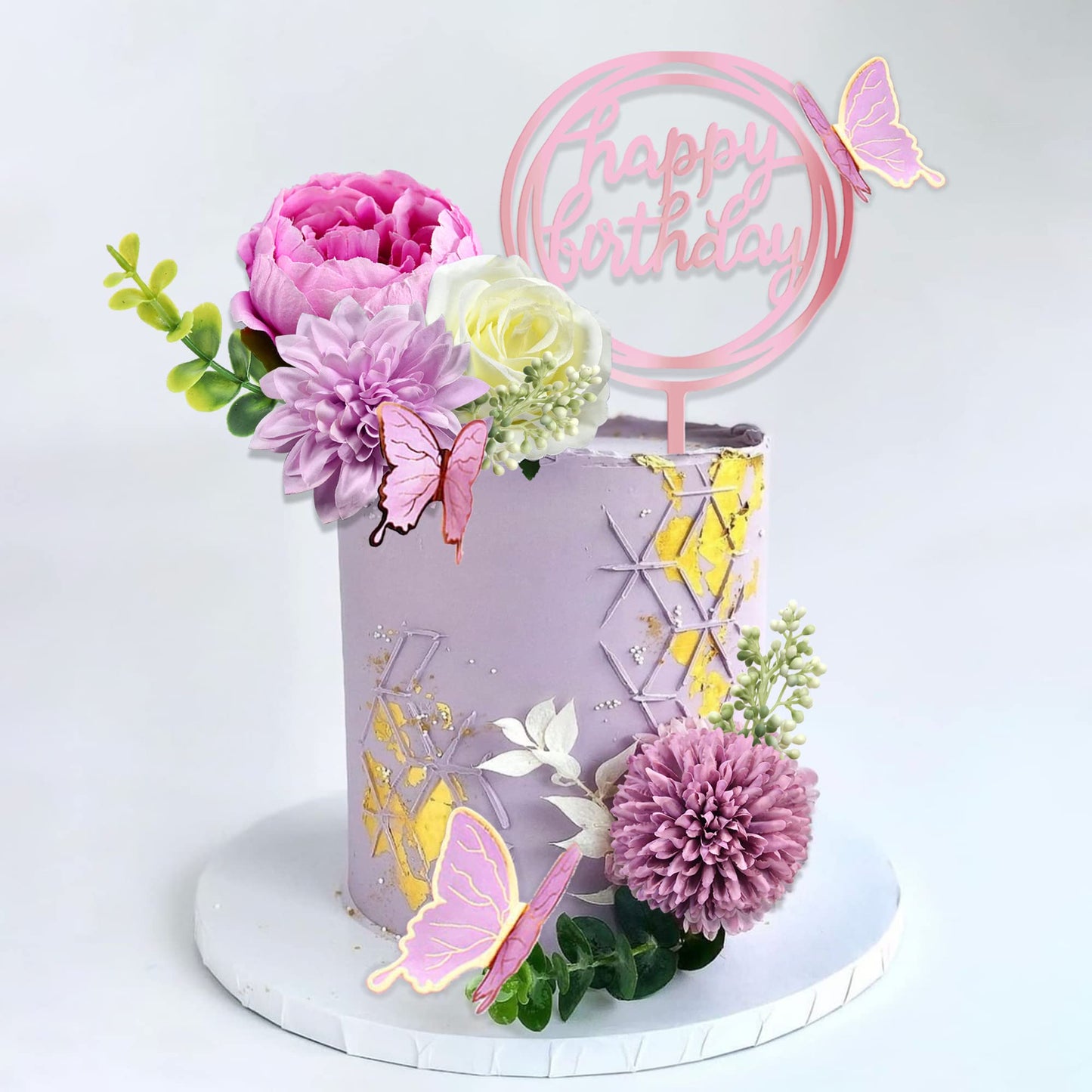 BANBALLON 14 Pcs Butterfly Cake Toppers with Purple Flowers – Happy Birthday & Event Decor