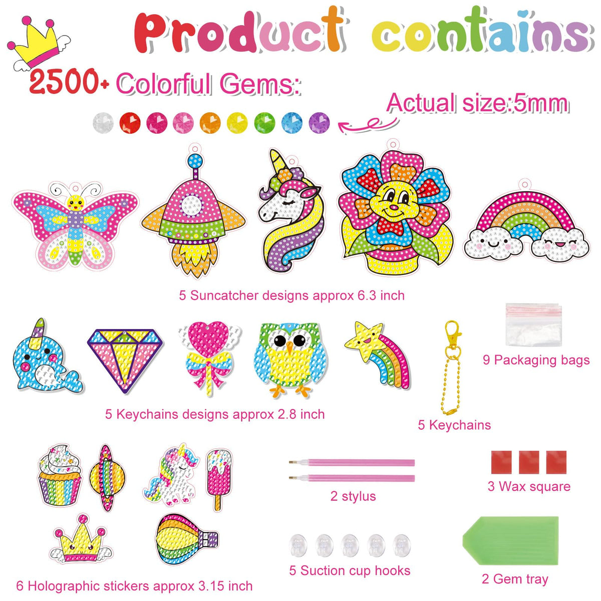 BANBBUR 16 Pcs Gem Art Kit for Kids 4-8 — 5 Sun Catchers, 5 Keychains, 6 Stickers