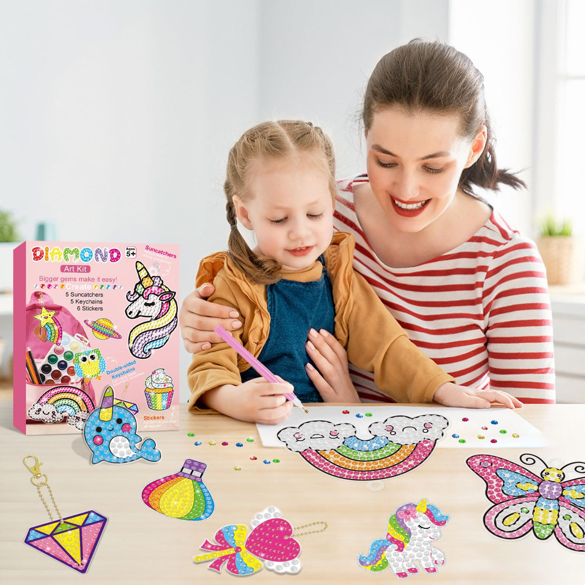 BANBBUR 16 Pcs Gem Art Kit for Kids 4-8 — 5 Sun Catchers, 5 Keychains, 6 Stickers