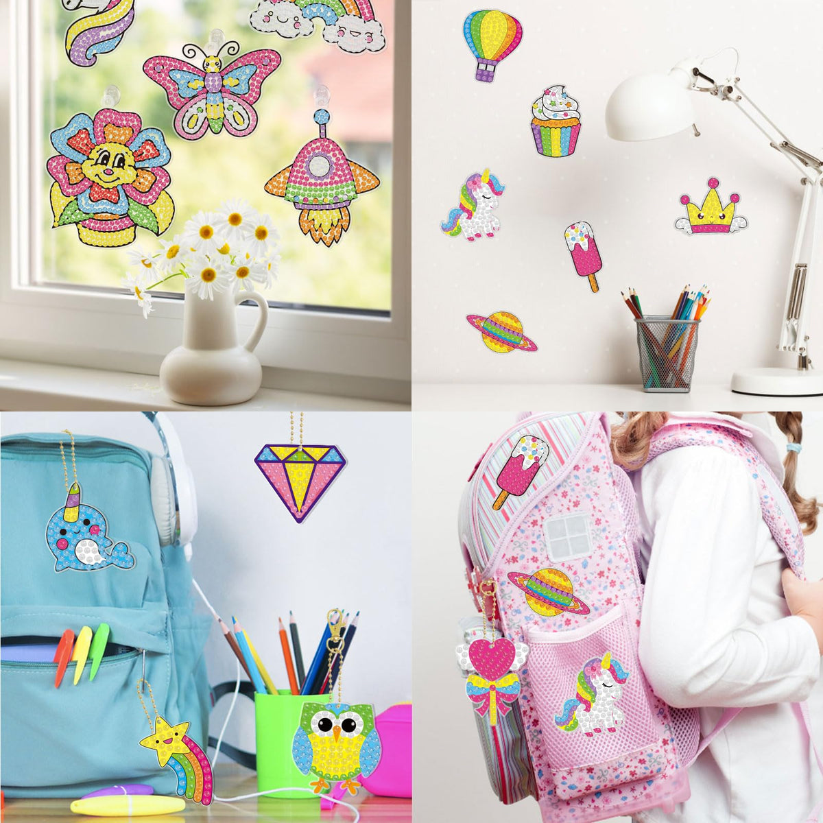 BANBBUR 16 Pcs Gem Art Kit for Kids 4-8 — 5 Sun Catchers, 5 Keychains, 6 Stickers
