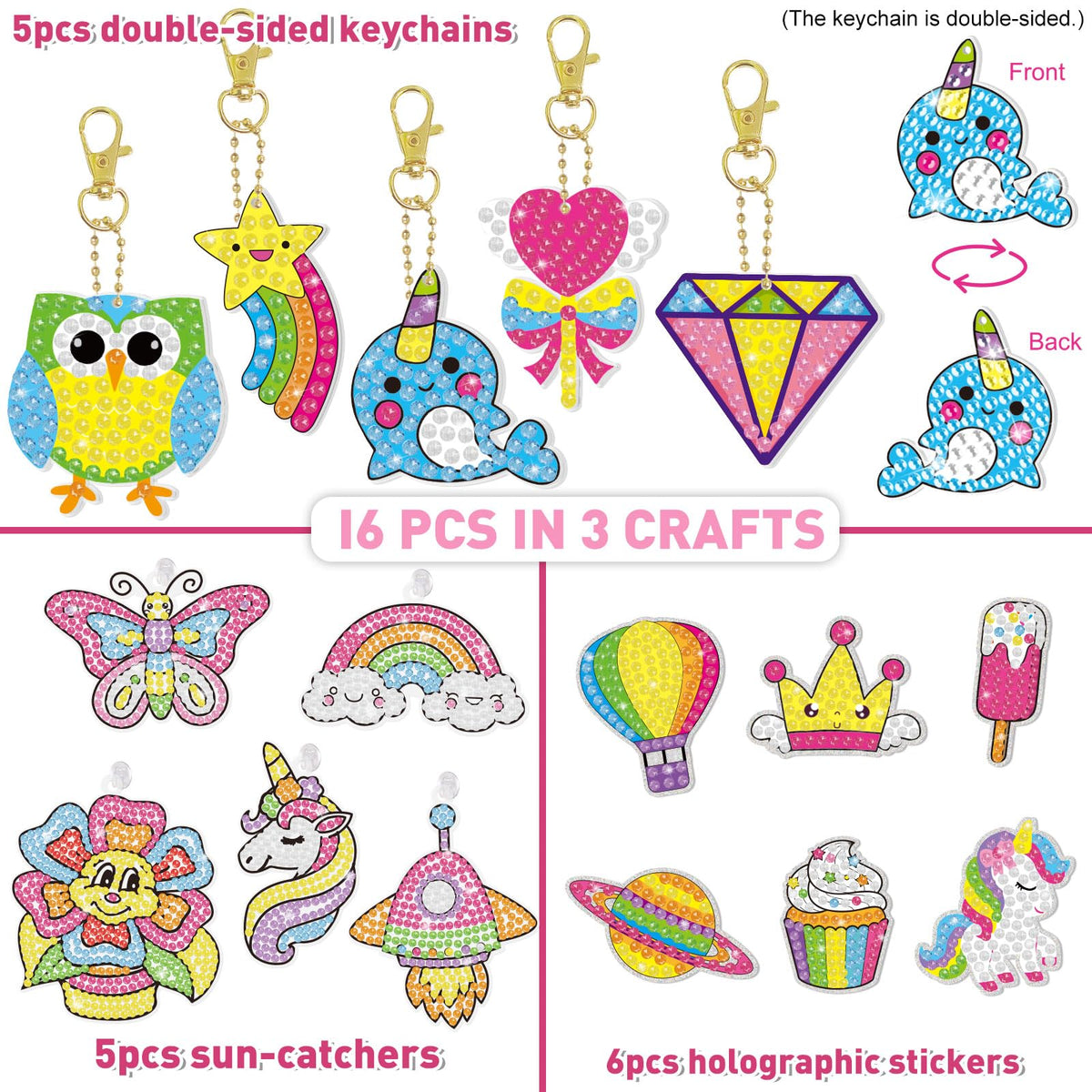 BANBBUR 16 Pcs Gem Art Kit for Kids 4-8 — 5 Sun Catchers, 5 Keychains, 6 Stickers