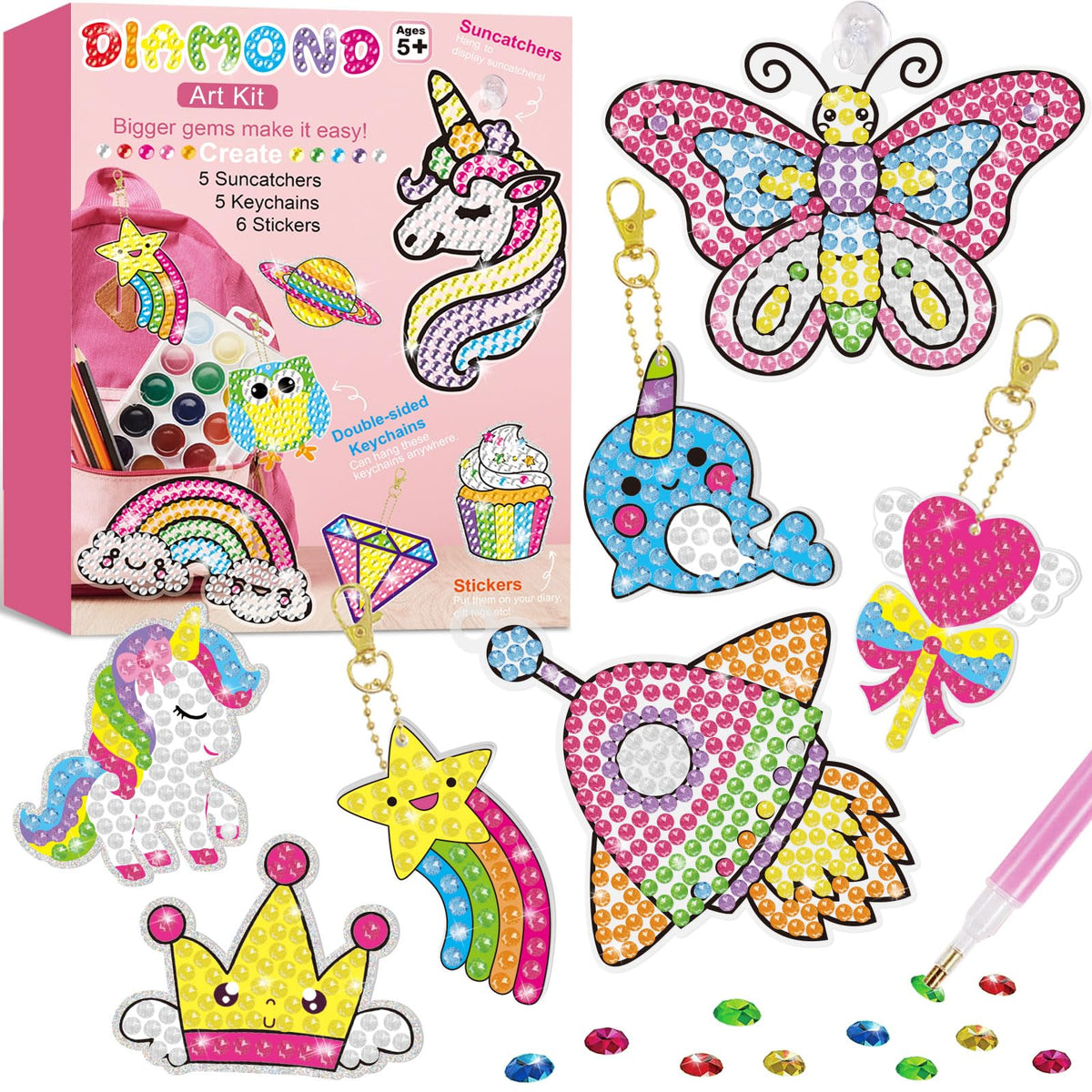 BANBBUR 16 Pcs Gem Art Kit for Kids 4-8 — 5 Sun Catchers, 5 Keychains, 6 Stickers