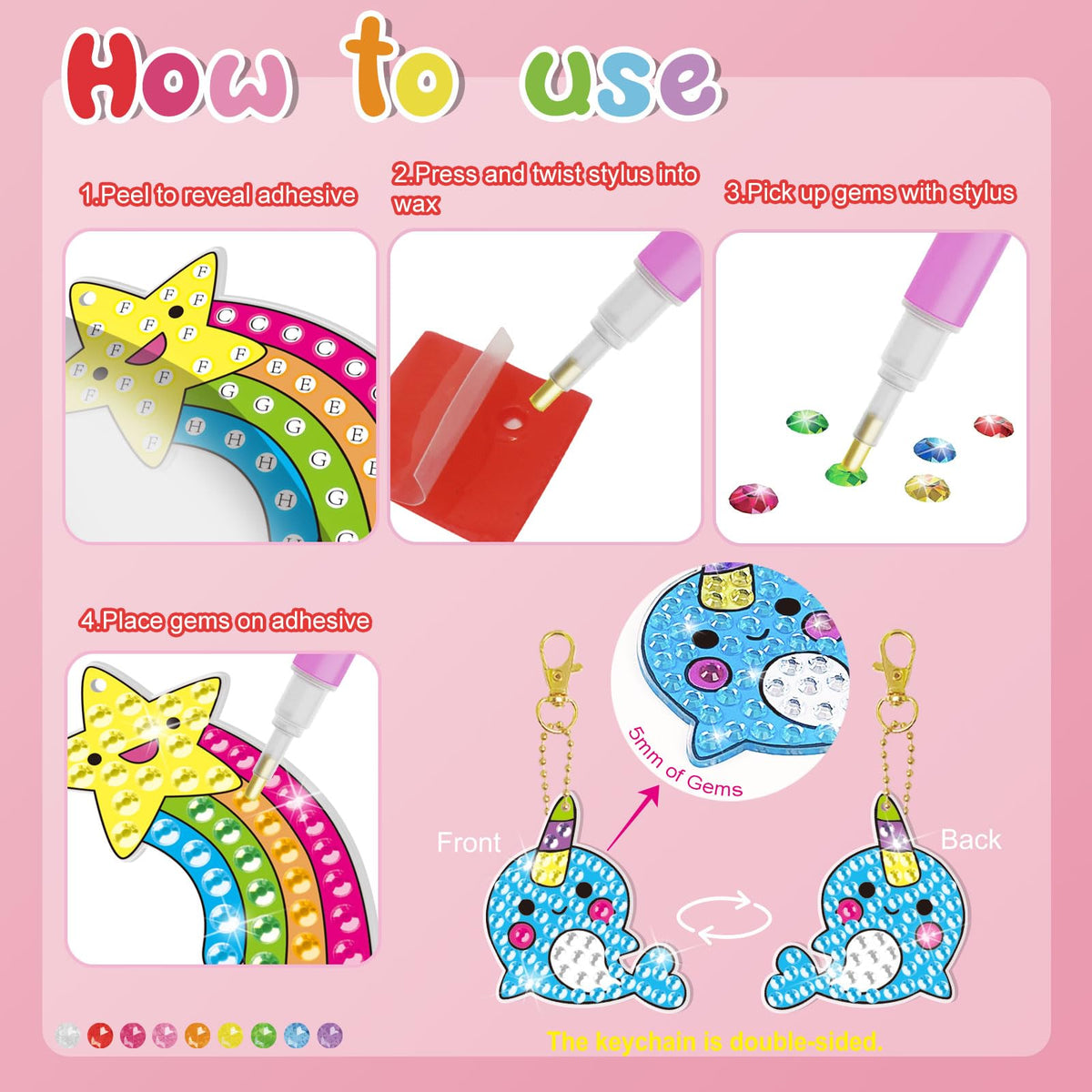 BANBBUR 16 Pcs Gem Art Kit for Kids 4-8 — 5 Sun Catchers, 5 Keychains, 6 Stickers