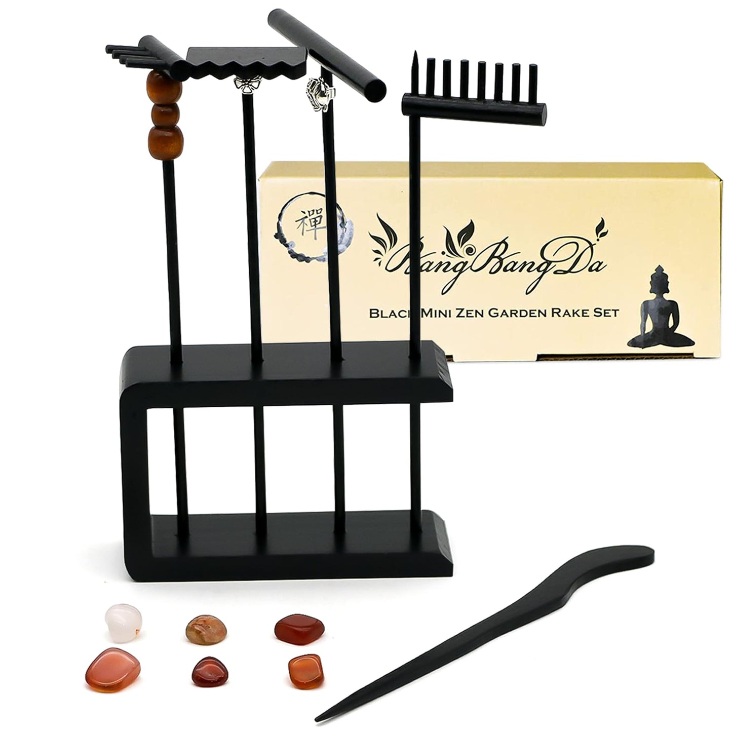 BangBangDa Mini Zen Garden Rake Set – 12-Piece Black Bamboo Rakes with Storage Stand & Crystals
