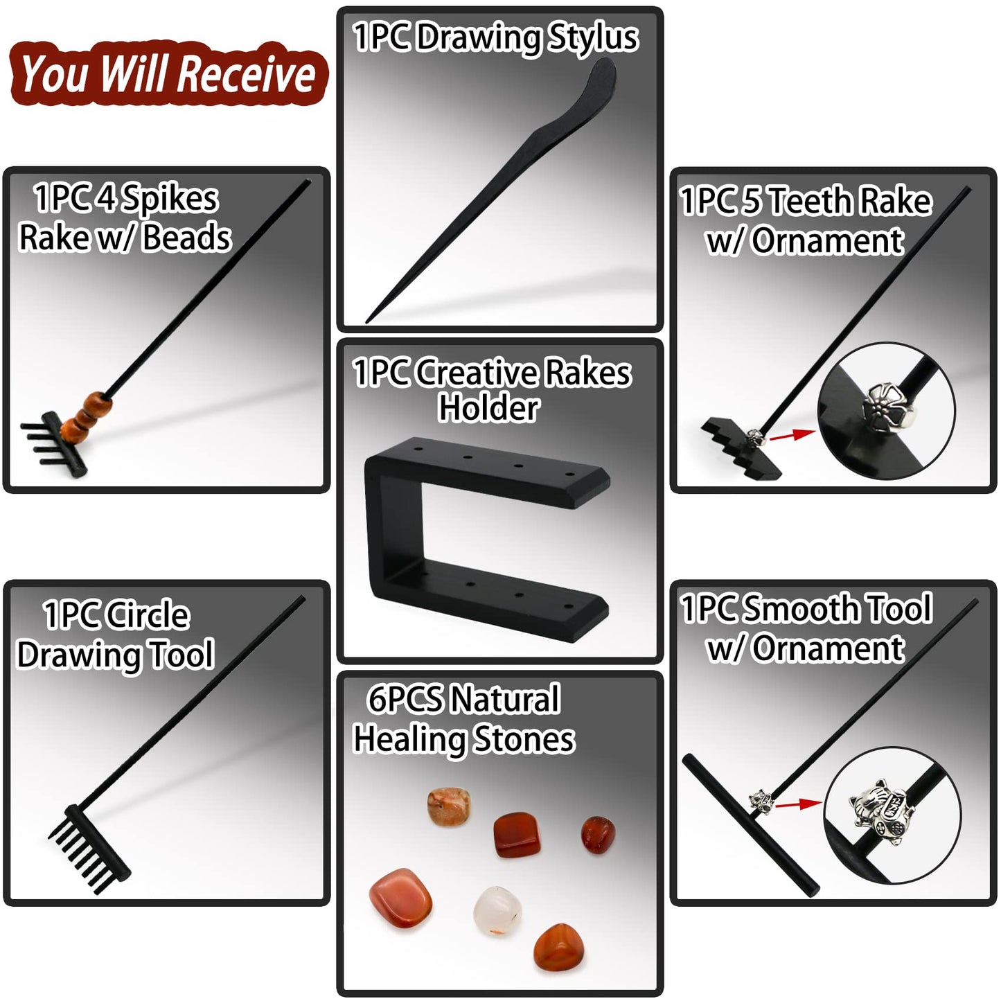 BangBangDa Mini Zen Garden Rake Set – 12-Piece Black Bamboo Rakes with Storage Stand & Crystals
