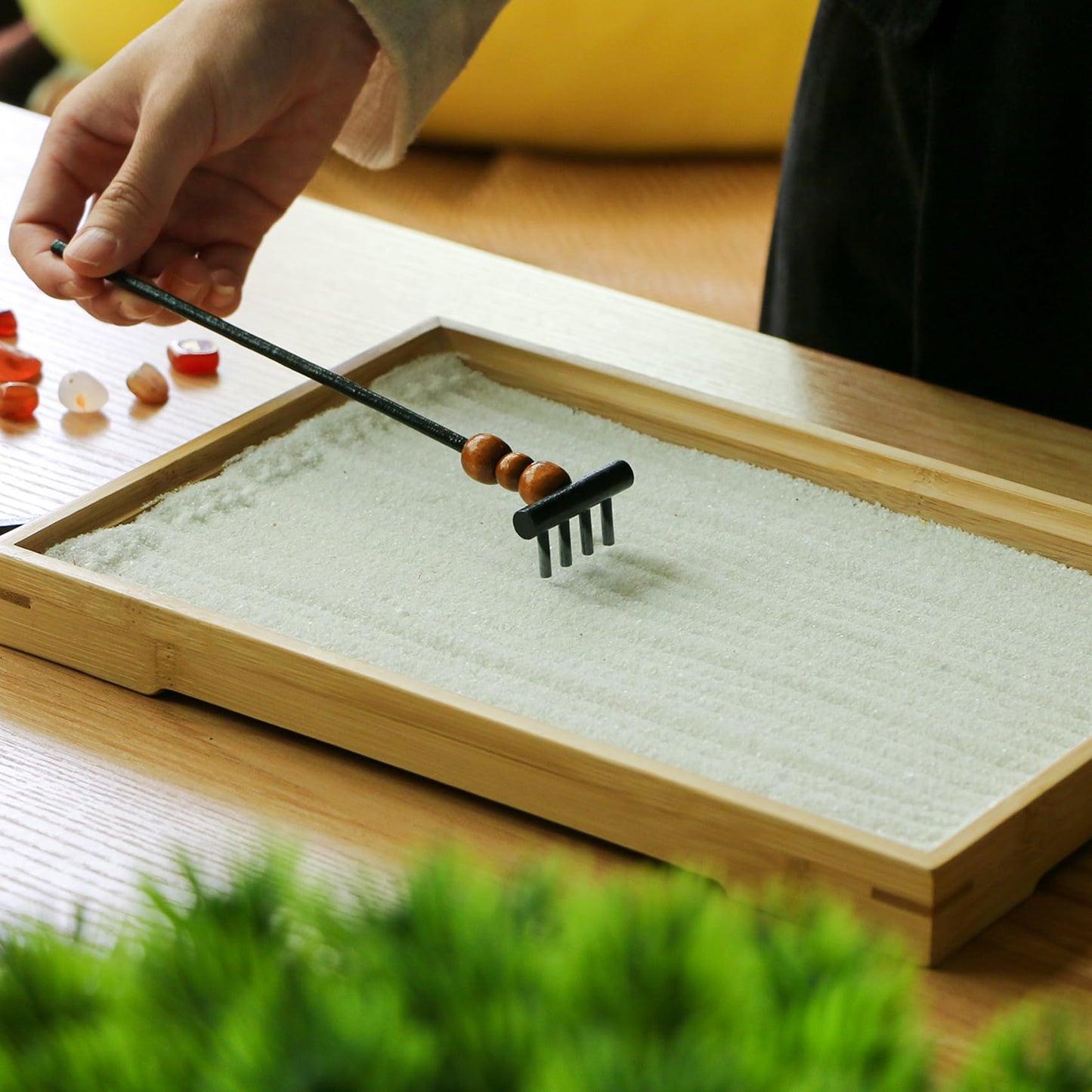 BangBangDa Mini Zen Garden Rake Set – 12-Piece Black Bamboo Rakes with Storage Stand & Crystals