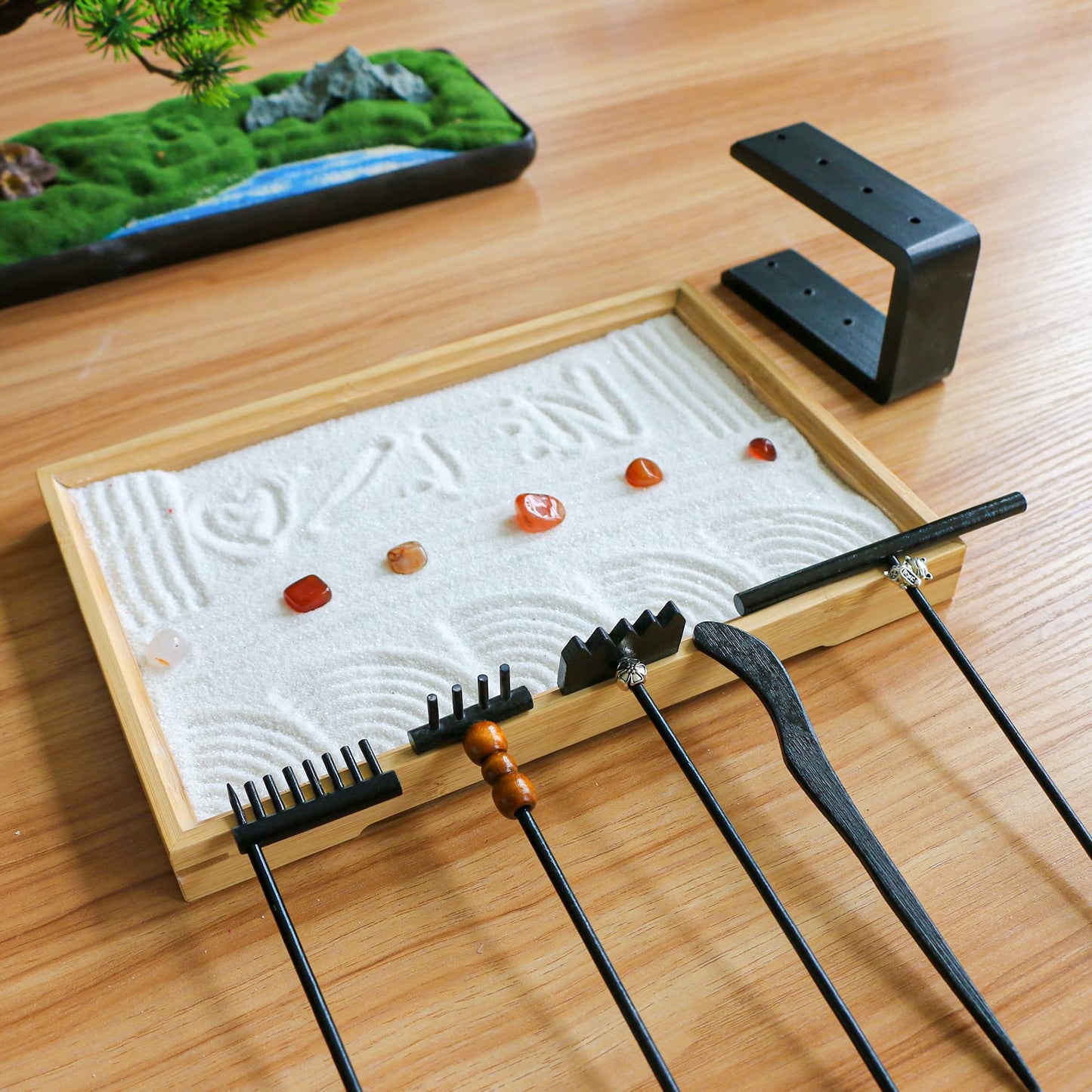 BangBangDa Mini Zen Garden Rake Set – 12-Piece Black Bamboo Rakes with Storage Stand & Crystals