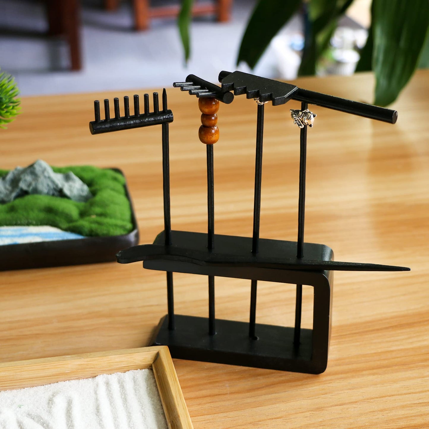BangBangDa Mini Zen Garden Rake Set – 12-Piece Black Bamboo Rakes with Storage Stand & Crystals