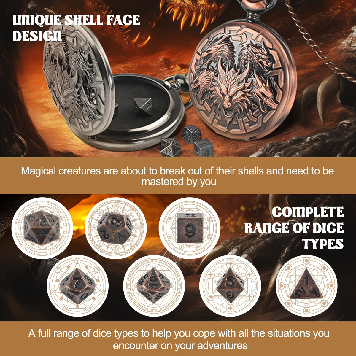 Banloga D&D Dice Set — 7-Piece Copper Metal Dice in Dragon Pocket Watch Case